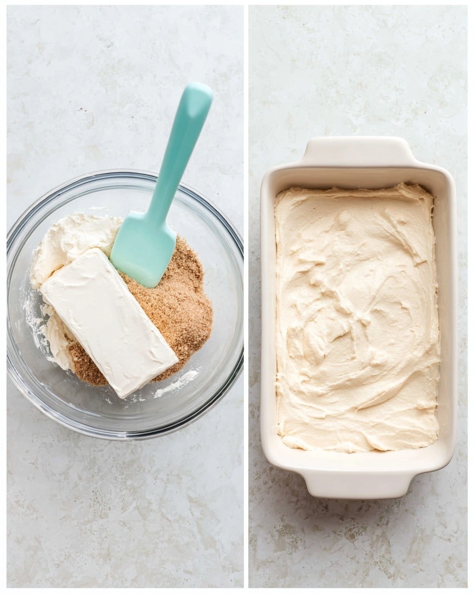 Two images side by side on a white marbled surface. The left image shows a clear round glass bowl with a block of cream cheese, a dollop of white sour cream, and some light brown powder on top, along with a light teal spatula resting inside the bowl. The right image shows a rectangular white ceramic dish filled with a creamy, light beige mixture evenly spread to the edges, with a smooth but slightly textured surface. Photo taken with an iphone --ar 4:5 --v 7