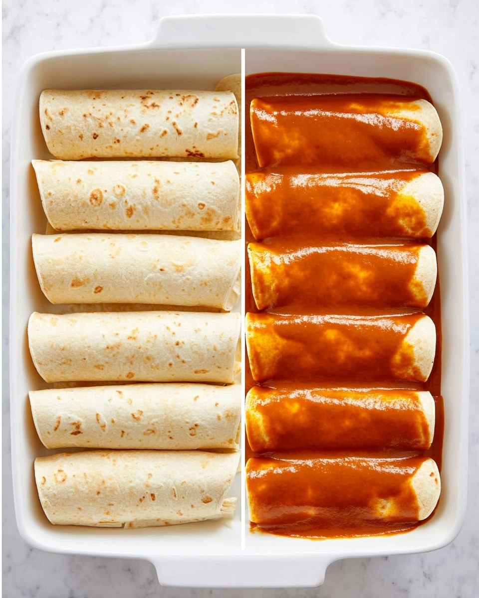 A white rectangular baking dish holds seven rolled tortillas neatly arranged side by side in one layer, each tortilla smooth and pale beige in color with soft, slightly toasted spots. The tortillas are tightly packed and fill the dish from edge to edge. In the second image, the same dish shows the tortillas covered with a thick, rich reddish-orange sauce that has a smooth texture with some subtle lumps and a glossy surface. The sauce coats the top halves of the tortillas evenly, leaving the folded edges visible on the sides. The background is a white marbled texture. photo taken with an iphone --ar 4:5 --v 7