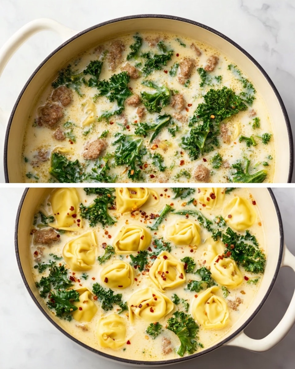 The image shows a white pot filled with a creamy soup that has three main layers visible: at the bottom, small pieces of brown sausage are scattered; in the middle, bright green kale leaves float, adding texture and color; and floating on top are yellow tortellini pasta with a smooth and slightly shiny surface. The soup is thick and light beige, with hints of small red pepper flakes sprinkled around. The pot is set on a white marbled surface, and the soup looks warm and hearty. photo taken with an iphone --ar 4:5 --v 7