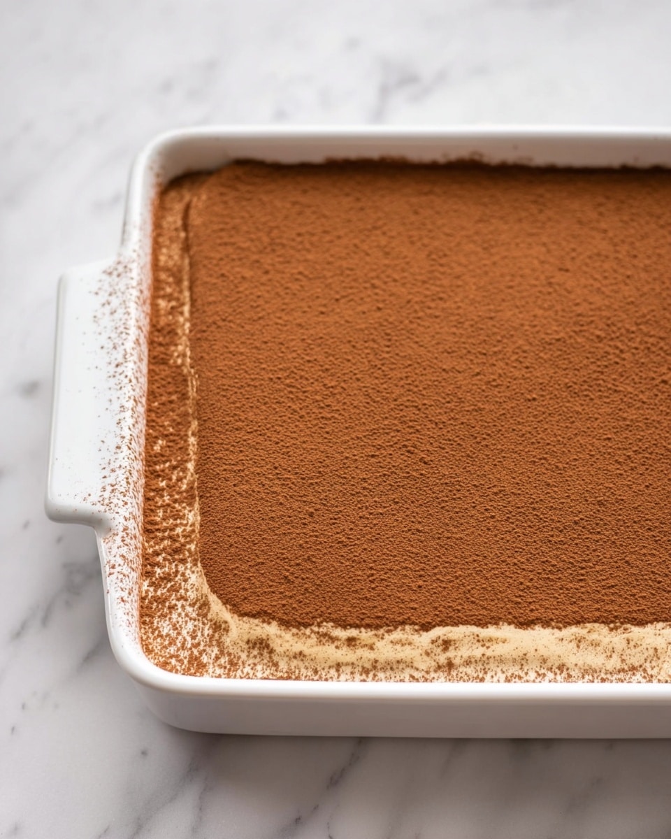 A rectangular white dish filled with a smooth layered dessert, with the top layer covered evenly with a fine brown powder, likely cocoa. The dessert has at least two visible layers beneath the cocoa dusting, showing a creamy light color that contrasts with the dark brown top. The dish is set on a white marbled surface, and the edges of the dessert are neatly aligned with the dish's sides. photo taken with an iphone --ar 4:5 --v 7