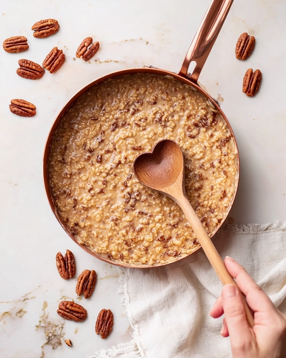 A close-up view of a pan filled with thick oatmeal mixed with visible pieces of chopped pecans, showing a creamy, textured surface in light brown and darker brown specks. The pan has a copper-colored handle and is sitting on a white marbled surface with a white cloth napkin underneath. A woman's hand holds a wooden spoon with a heart-shaped hole, stirring the oatmeal in the pan. Scattered pecan halves surround the pan on the surface. Photo taken with an iphone --ar 4:5 --v 7