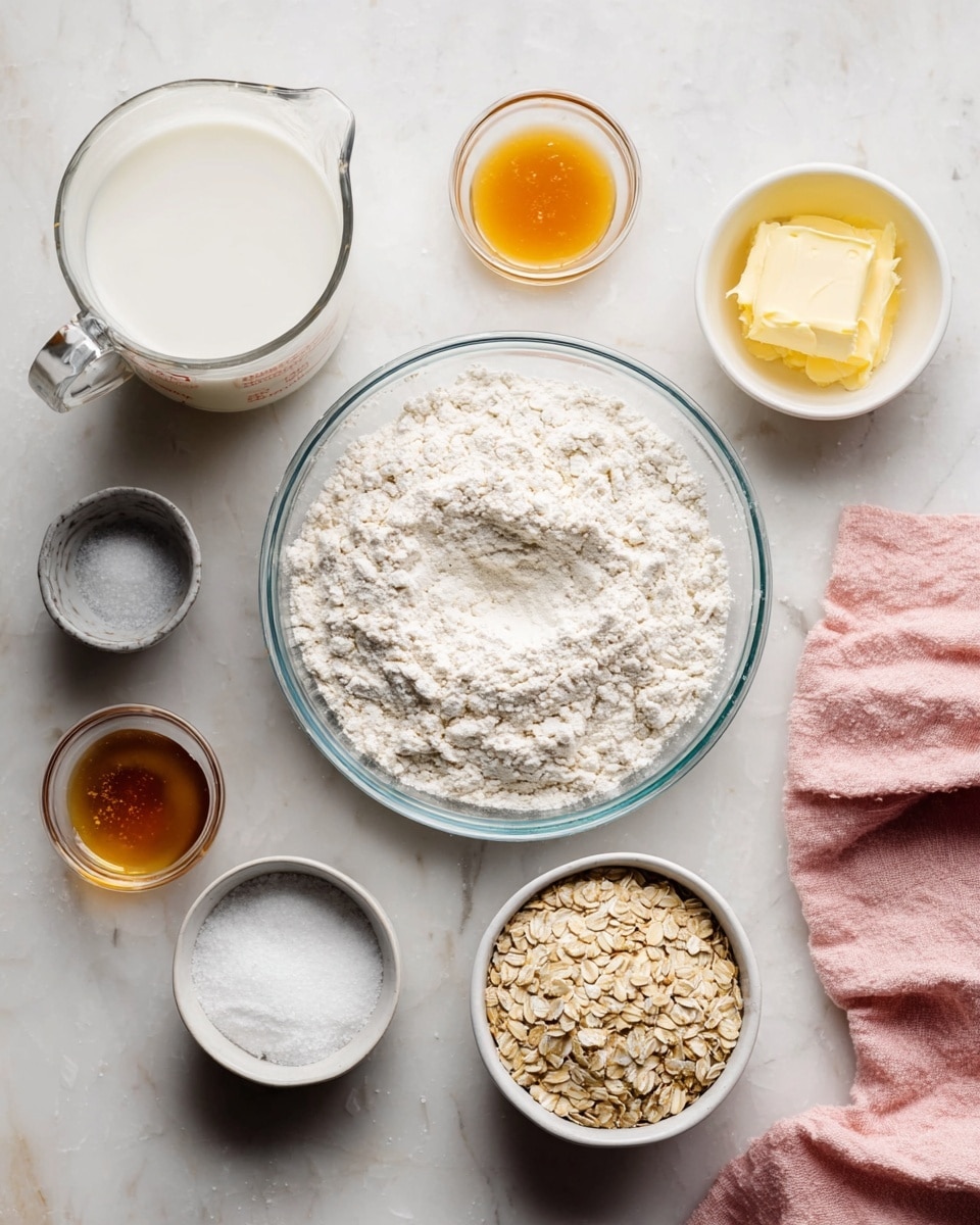 The image shows a top view of a clear glass bowl full of white flour with a small dip in the center, placed on a white marbled surface. To the left of the bowl is a glass measuring cup filled with white milk, and below it, a small metal cup with white salt and a small glass bowl with amber-colored honey. To the right of the flour bowl are three white ceramic bowls: one has melted yellow butter, another has a small amount of white salt, and the last one contains light tan rolled oats. A soft pink cloth is placed at the lower right corner near the bowls. The scene is neat and bright, all items evenly spaced photo taken with an iphone --ar 4:5 --v 7
