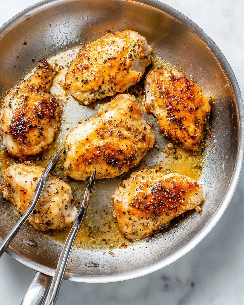 A round silver pan holds six pieces of cooked chicken with a golden brown color and small bits of seasoning on top. The chicken pieces have a slightly shiny and crispy texture, showing they have been cooked well. The pieces are arranged evenly in the pan with some space between them. A pair of silver tongs is holding one piece of chicken at the bottom left of the pan. The pan rests on a white marbled surface. photo taken with an iphone --ar 4:5 --v 7