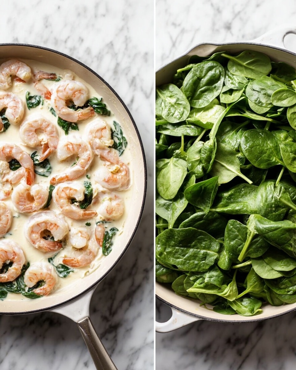 A white pan on a white marbled surface holds raw shrimp arranged evenly in a creamy white sauce. Another white pan on the same surface shows a layer of shrimp beneath a large pile of fresh, bright green spinach leaves covering most of the pan. The shrimp are partly visible under the spinach, with the creamy sauce peeking around the edges. Photo taken with an iphone --ar 4:5 --v 7