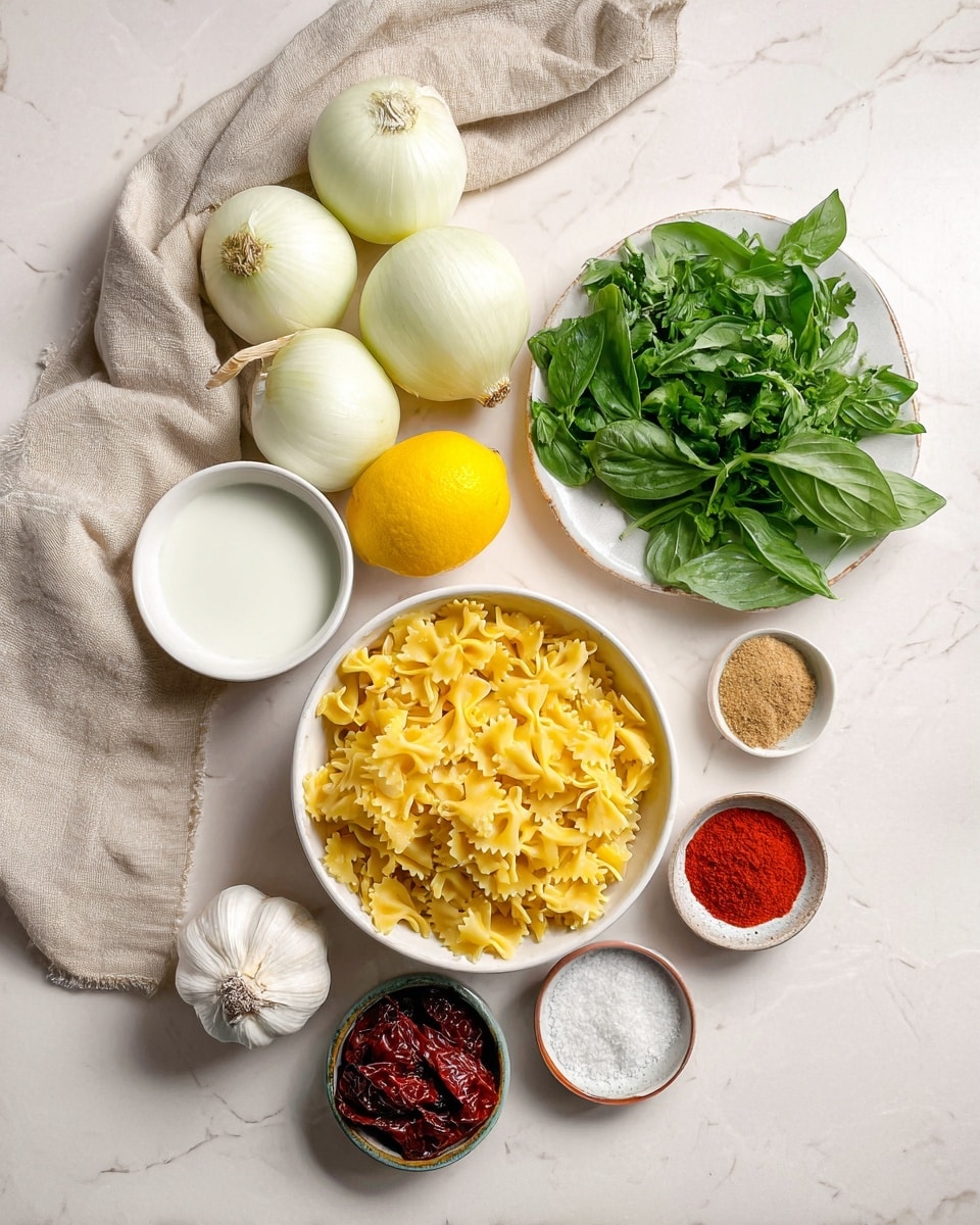 The image shows ingredients neatly arranged on a white marbled surface. In the center, there is a white bowl filled with uncooked yellow farfalle pasta. Above it, to the right, a white plate holds fresh green herbs, including basil and parsley. To the left of the pasta, there are five whole white onions stacked in a small pile. Below the onions, a whole bright yellow lemon sits next to a small white bowl filled with milk. At the bottom left corner, there is a full bulb of garlic. Next to the garlic, a small round bowl contains dark red sun-dried tomatoes. On the right side near the pasta, there are two small bowls: one with bright red powder (paprika) and another with a white salt-like substance mixed with green herbs. A beige cloth is loosely draped in the top left corner. The photo taken with an iphone --ar 4:5 --v 7