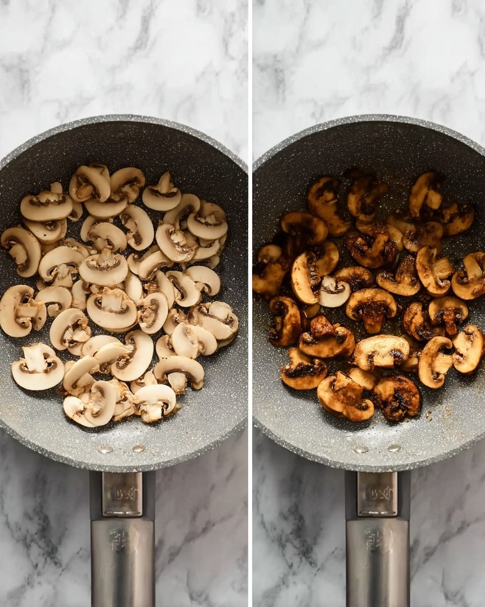 Two images show a grey cooking pan on a white marbled surface. In the first image, the pan is full of light beige, fresh sliced mushrooms evenly spread out. In the second image, the mushrooms are browned and cooked, with a rich golden-brown color, showing a slight crisp texture and some darkened edges. photo taken with an iphone --ar 4:5 --v 7