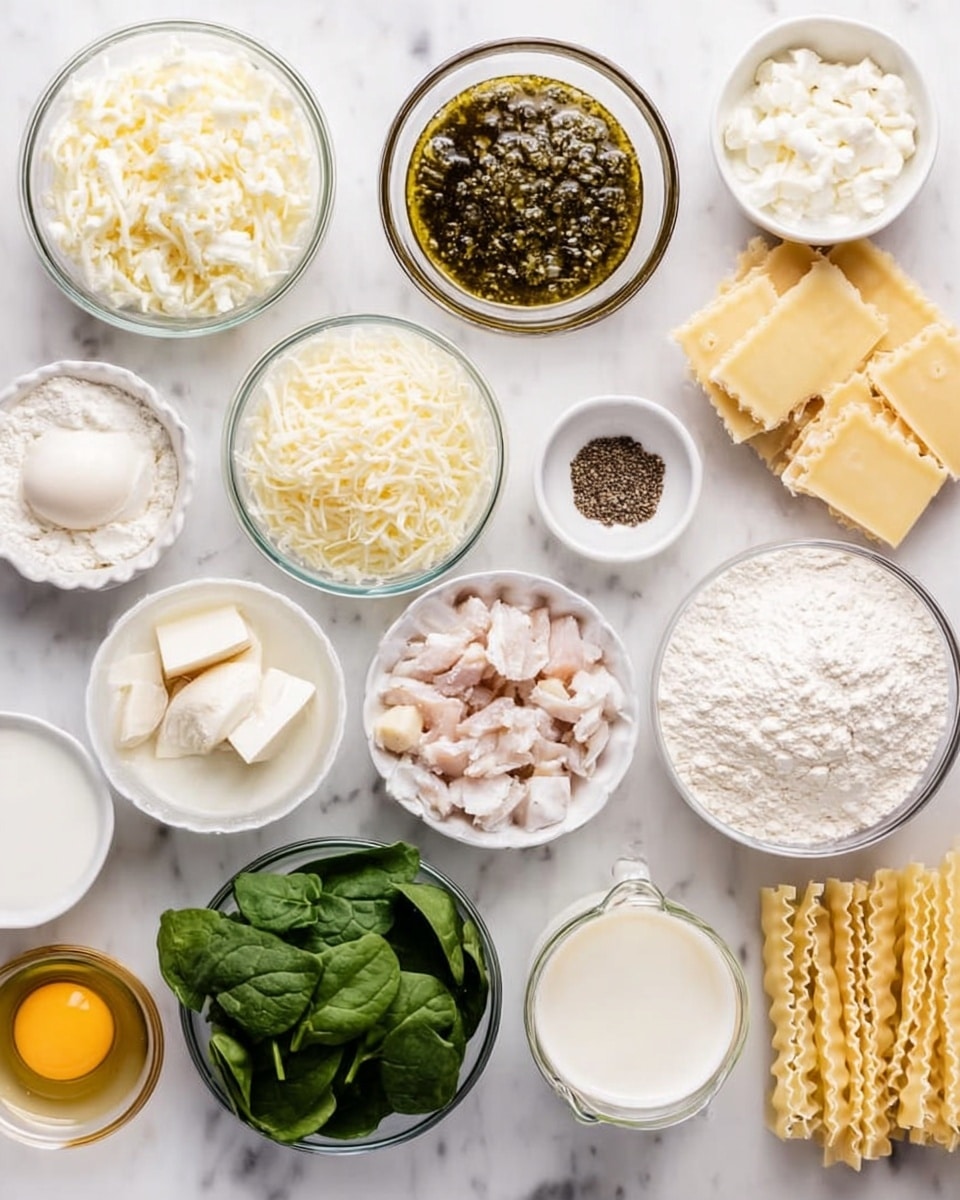 The image shows many small clear bowls and containers on a white marbled surface, each with different cooking ingredients. There are layers of chopped white onions, shredded light yellow cheese, and small piles of black and white pepper in a glass bowl near a dark olive oil sauce with green herbs mixed in. Nearby are creamy white sauces in two bowls, a small stick of light cream-colored butter, and sheets of pale yellow lasagna noodles on the right edge. A bowl of fresh green spinach leaves sits on the bottom left. In the center, a clear bowl holds chopped cooked white chicken. Other items include a small cup of milk, a small bowl of chopped light garlic, a glass bowl with white flour, shredded white cheese, a whole egg, and a measuring cup of light yellow broth. The items are neatly arranged in an organized way. Photo taken with an iphone --ar 4:5 --v 7