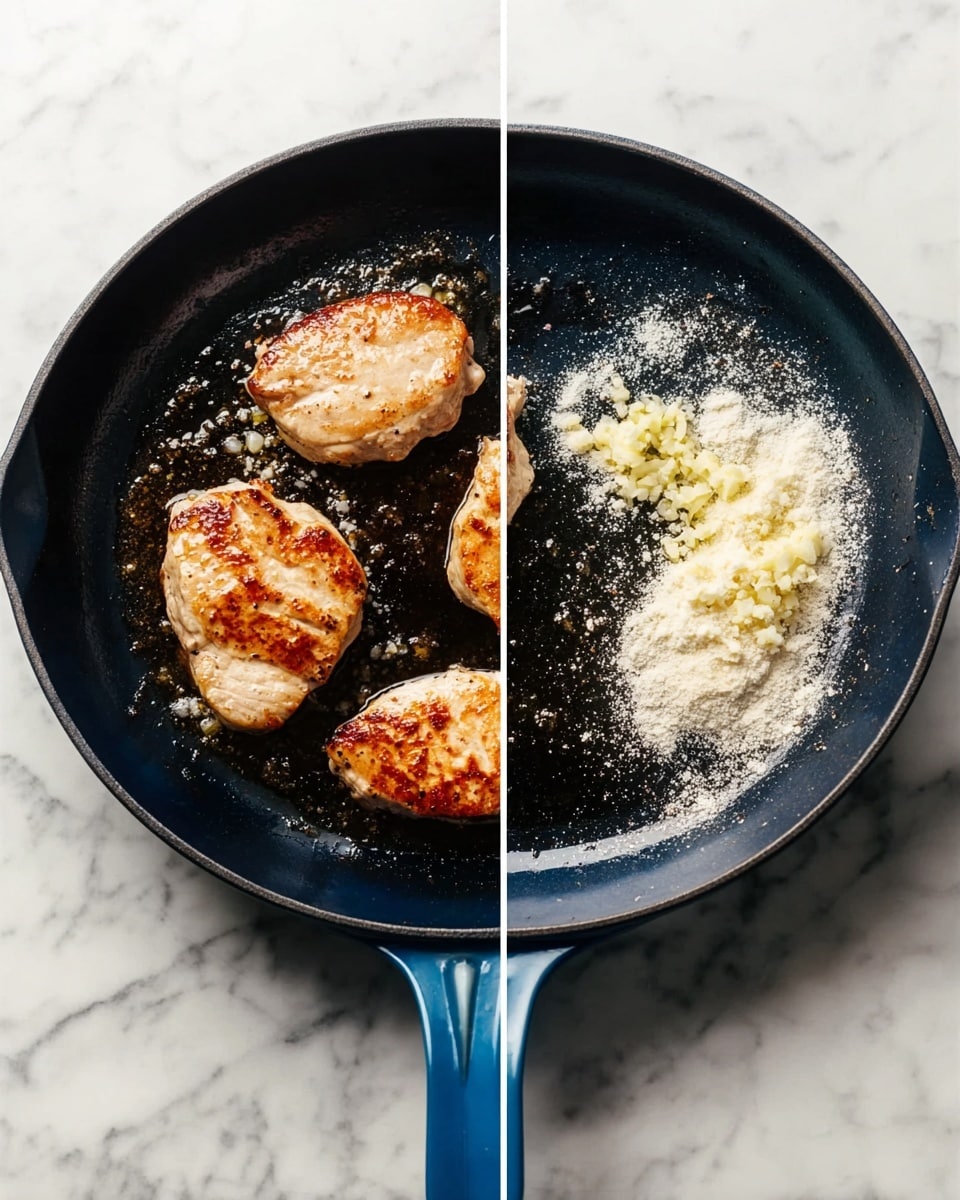 The image shows two views of a blue cast iron pan with a black interior on a white marbled surface. On the left, the pan holds four light brown cooked meat pieces with darker sear marks and a slightly shiny texture due to cooking oil. On the right, the pan has no meat but features a small pile of finely minced light yellow garlic and a heap of white powder, likely flour, on the oily black cooking surface. The pan handle is visible at the bottom in both views. Photo taken with an iphone --ar 4:5 --v 7