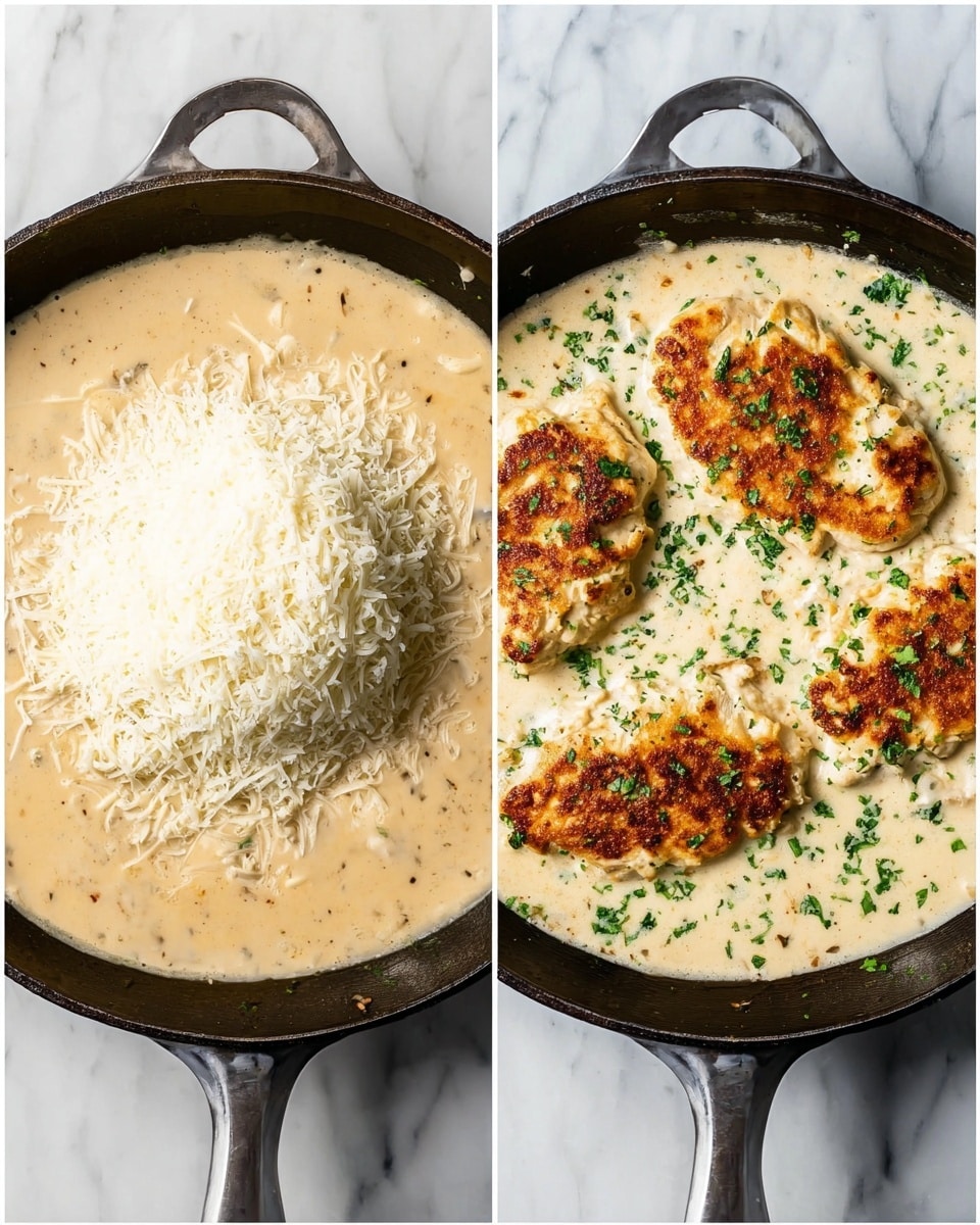 The image shows two views of a dark cast-iron pan on a white marbled surface. On the left, the pan holds a creamy light beige sauce with a heap of finely grated white cheese piled in the middle. On the right, the same pan contains the creamy sauce with four browned pieces of chicken partly covered in the sauce, their crispy golden-brown surfaces contrasting with the smooth cream. Small green herb pieces are sprinkled evenly over the sauce and chicken, adding fresh color to the dish. photo taken with an iphone --ar 4:5 --v 7