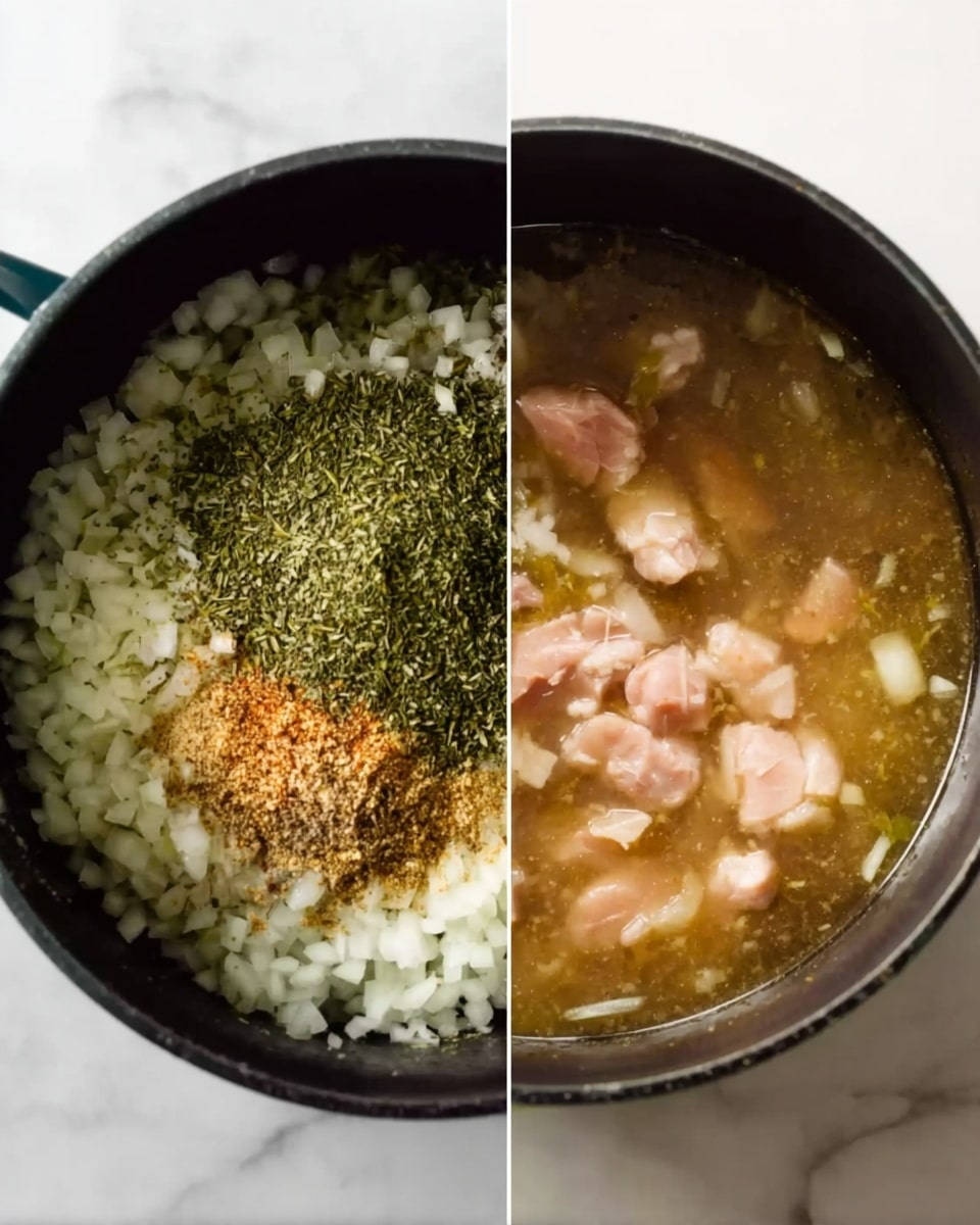 The image shows two side-by-side views of a cooking pot on a white marbled surface. The left side has a black pot filled with a mix of white chopped onions at the bottom, topped with a heap of green herbs and brown spices piled in the center, creating clear layers of color and texture. The right side also features the same black pot, now filled with a light brown broth with chunks of light pink meat and some small white pieces floating inside the liquid. The pot’s inside texture is smooth and shiny. photo taken with an iphone --ar 4:5 --v 7