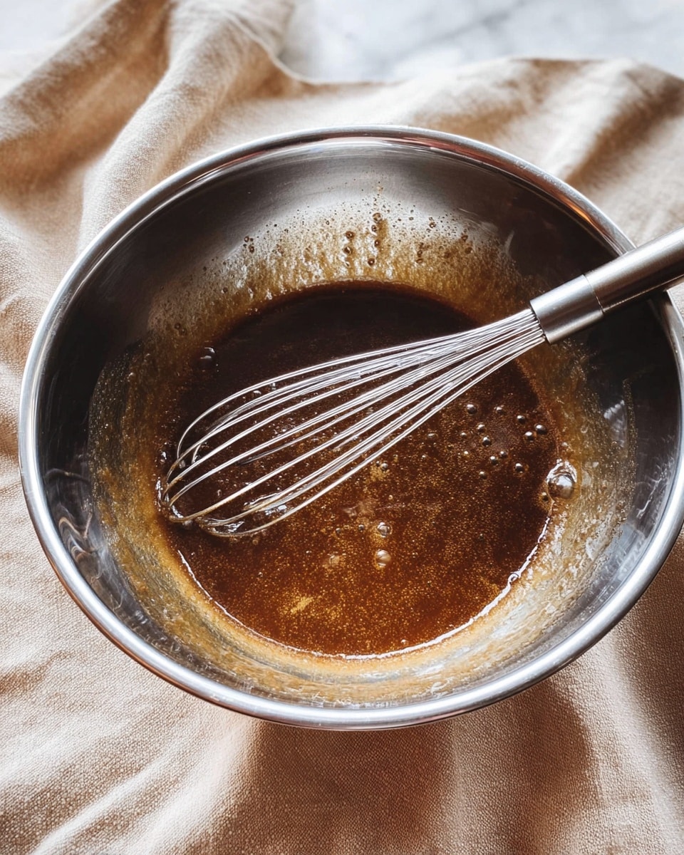 A shiny metal bowl holds a dark brown, thick liquid mixture with tiny bubbles on the surface. A metal whisk lies in the bowl, partially covered in the mixture, with its handle resting on the bowl's edge. The bowl is placed on a light beige cloth with soft folds, and the background is a white marbled texture. photo taken with an iphone --ar 4:5 --v 7