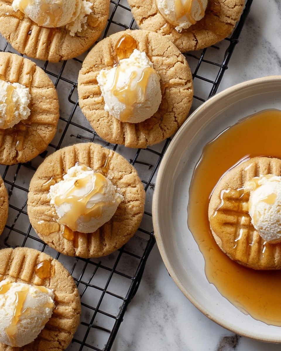 The image shows round cookies with a light golden color and a crisscross pattern on the top surface. Each cookie is topped with a small scoop of creamy white butter, which has a slightly rough texture and is drizzled with golden syrup. The cookies rest on a black cooling rack placed over a white marbled surface. On the right side, there is a white plate holding another cookie partially soaked in syrup, which pools around it, adding a shiny amber layer to the bottom. The overall look is warm and inviting, with a contrast between the soft butter, textured cookies, and smooth syrup. photo taken with an iphone --ar 4:5 --v 7