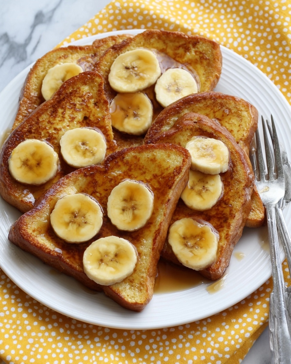 The image shows a white plate filled with five slices of golden brown French toast arranged in a slightly overlapping manner. Each slice is topped with several banana slices that are light yellow with small brown spots. There is a shiny layer of syrup spread unevenly over the French toast and banana slices, giving them a glossy look. A silver fork and knife rest on the side of the plate against a yellow cloth with small white dotted patterns. The background is a white marbled surface. photo taken with an iphone --ar 4:5 --v 7