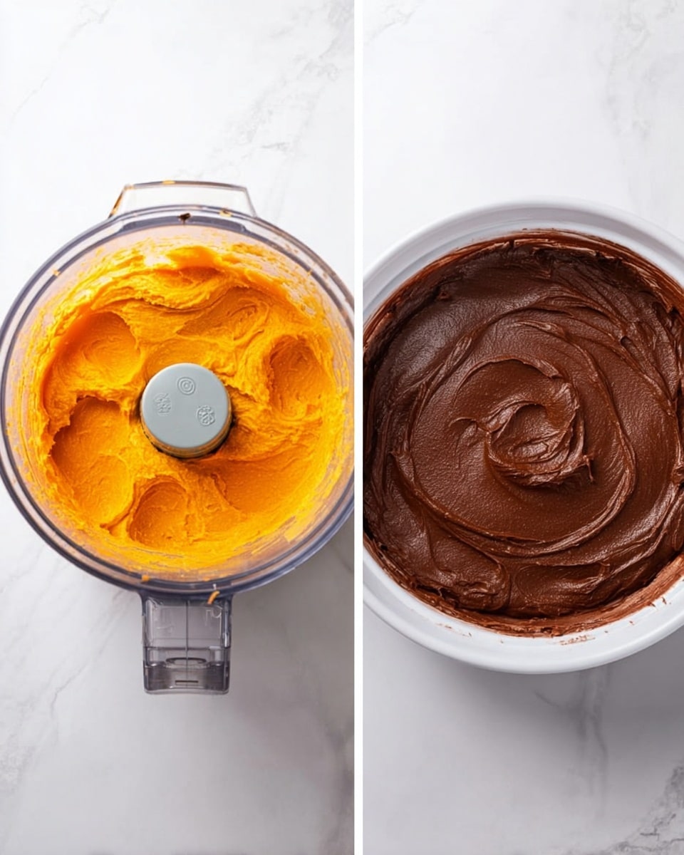 The image on the left shows an overhead view of a blender jar containing a bright orange creamy mixture with some texture and swirls, sitting on a white marbled surface. The right side of the image shows a round white pan filled with a smooth dark brown chocolate batter or frosting spread evenly with some soft swirled patterns on the top, also set on a white marbled surface. photo taken with an iphone --ar 4:5 --v 7