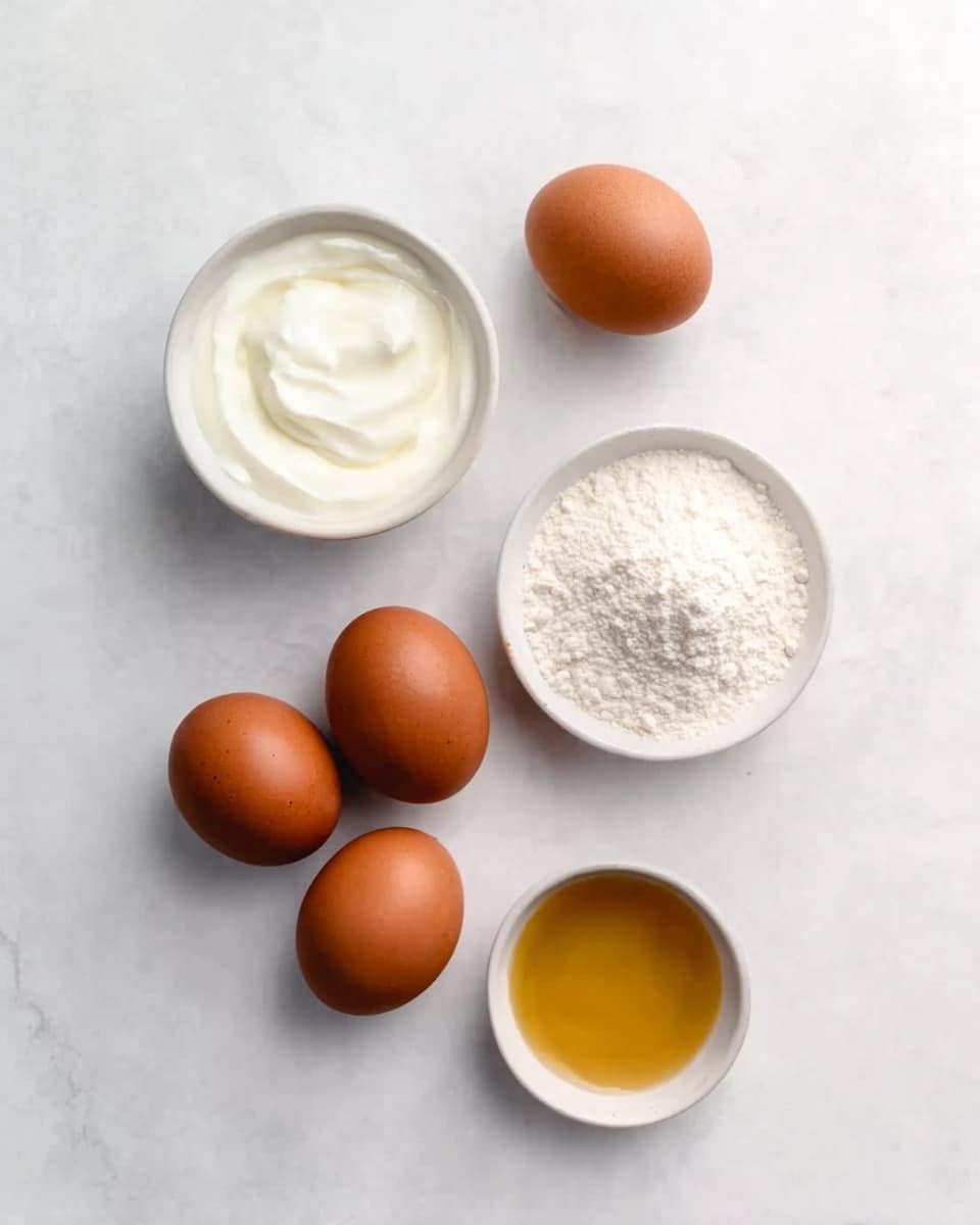 The image shows five brown eggs arranged loosely on a white marbled surface, with three small, white bowls placed nearby. One bowl contains thick white cream with a smooth texture, another holds a golden liquid, and the third is filled with white powder resembling flour. The items are spaced apart, creating a simple and clean layout. photo taken with an iphone --ar 4:5 --v 7