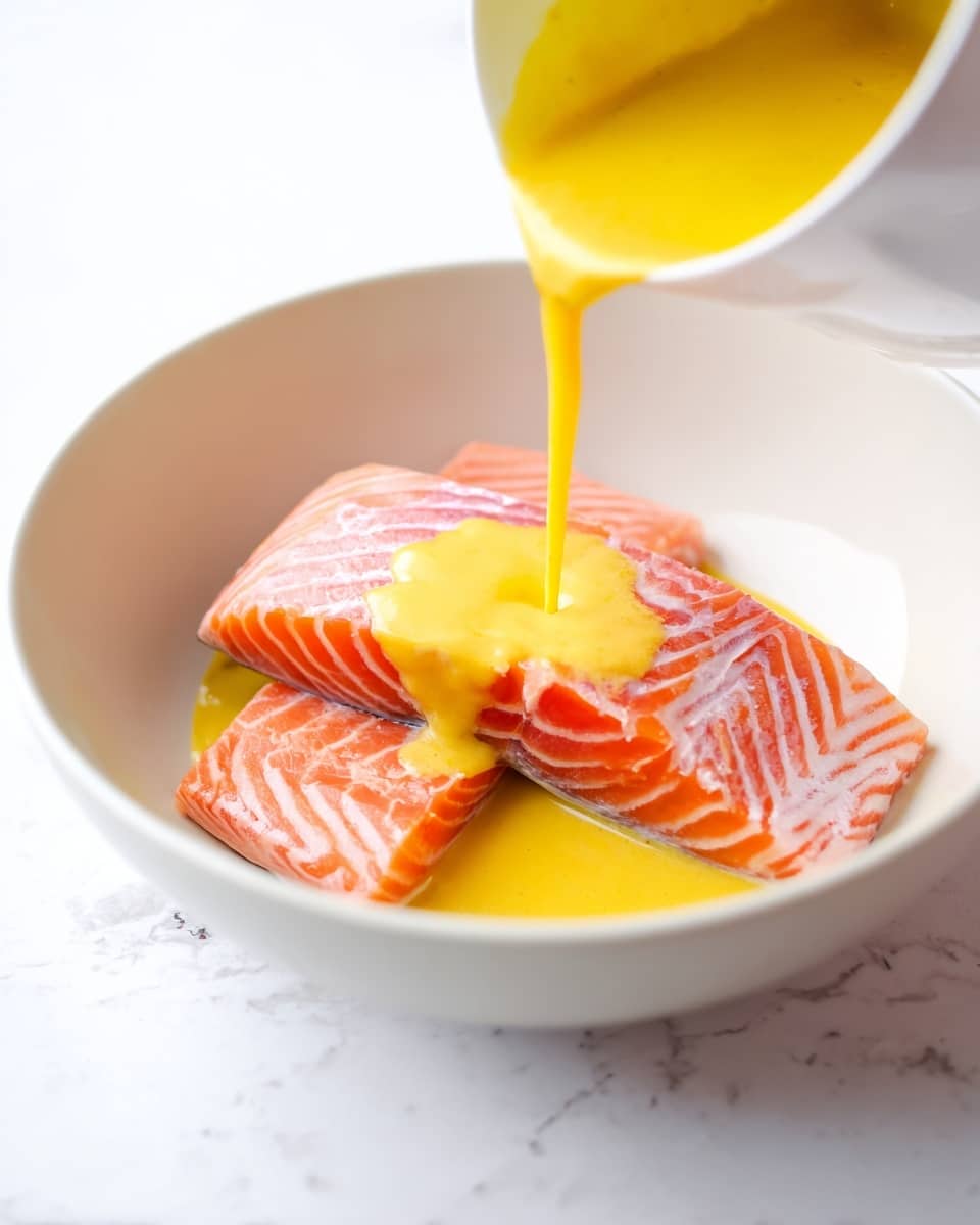 Two pieces of raw salmon fillet with light pink and white lines sit side by side inside a white bowl. A thick bright yellow sauce with a smooth texture is being poured over the salmon from a white cup, with some sauce already covering part of the fish. The scene is set on a white marbled surface. Photo taken with an iphone --ar 4:5 --v 7