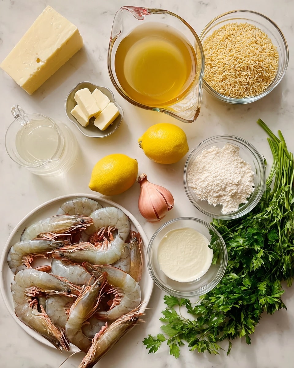 A layout of various ingredients on a white marbled surface, featuring a white plate full of raw large shrimp with shells and tails, positioned at the bottom left; above it to the right is a clear glass measuring cup filled with golden broth, next to a small bowl of dry orzo pasta in the upper right; near the center are two pieces of butter in a clear bowl, a small glass bowl of white flour, and a round bowl with off-white cream; fresh green parsley lies toward the top center, accompanied by a halved shallot with pinkish skin below it and two bright yellow lemons to the left; a wedge of hard cheese rests near the top left corner, and a measuring cup with white liquid is in the upper left corner, all arranged neatly on the smooth white marbled background photo taken with an iphone --ar 4:5 --v 7