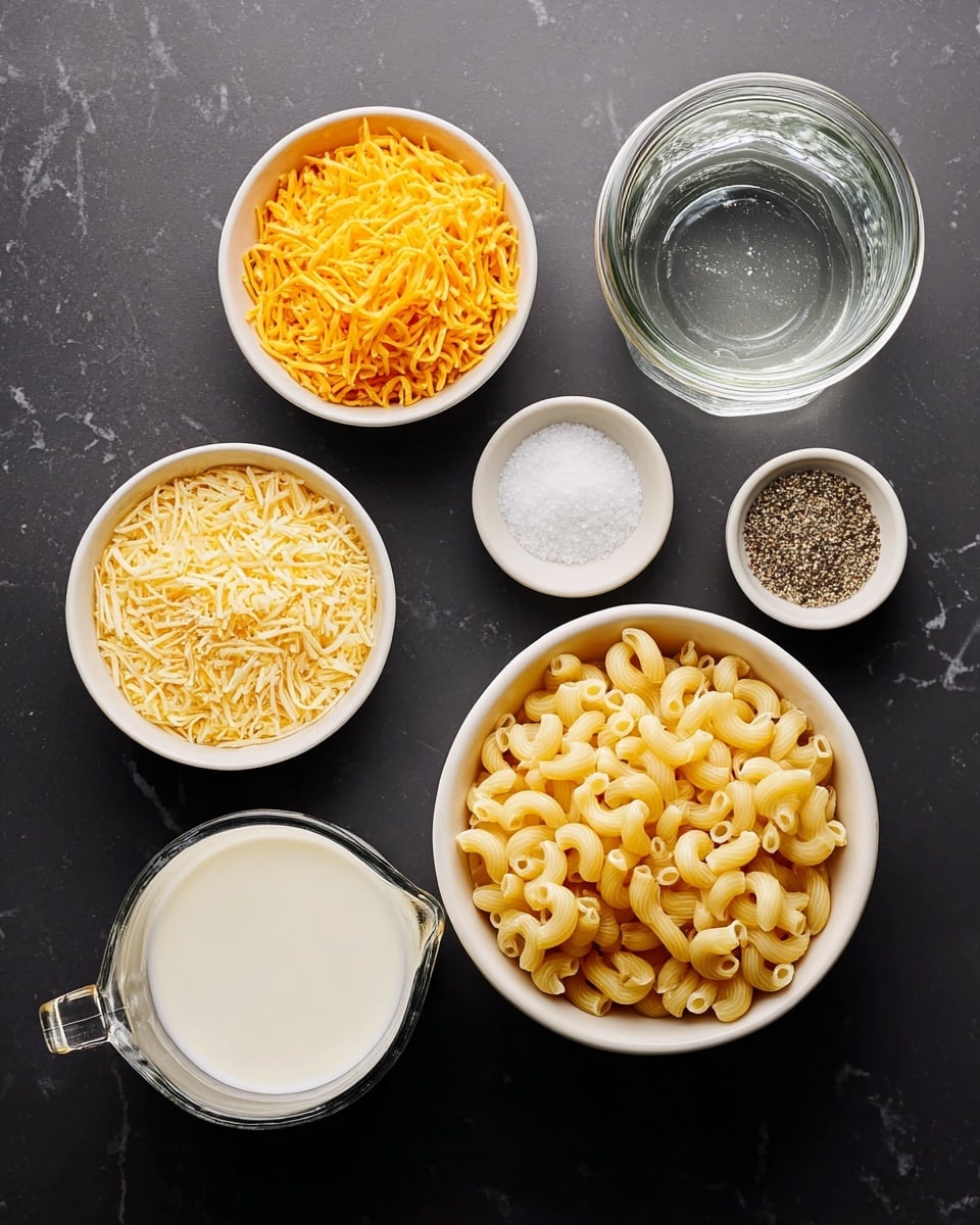 Seven small white bowls and containers are filled with cooking ingredients, all resting on a white marbled surface. In the center is a bowl full of dry elbow macaroni, colored pale yellow with a smooth texture. To the left of it, one bowl contains bright orange shredded cheese with thin, soft strips, and another bowl has light yellow grated cheese with a fine, crumbly texture. Below these bowls is a glass measuring cup filled with creamy white milk. On the right side of the macaroni, a small white bowl holds fine white salt, and next to it, another bowl contains coarse cracked black pepper, dark with specks of white. On the far right is a clear glass jar with transparent water, catching subtle reflections of light. photo taken with an iphone --ar 4:5 --v 7
