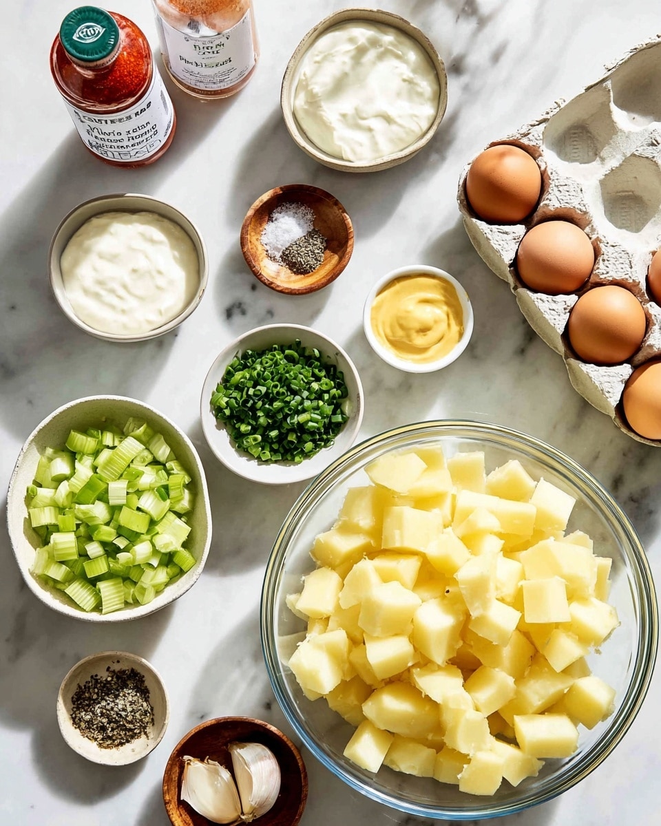 A large clear glass bowl filled with small cubes of pale yellow Yukon Gold potatoes soaking in water sits on the right side of a white marbled surface. Nearby, an egg carton holds brown and light green boiled eggs. Two small white bowls with a rustic edge contain creamy white mayonnaise and full-fat Greek yogurt, placed near the center. Around them are small white bowls with diced green celery, chopped green scallions, finely chopped dark green chives, a small bowl of golden yellow Dijon mustard, and a small wooden bowl holding coarse kosher salt and black pepper. A single garlic clove lies beside the mustard bowl. A glass bottle of red paprika seasoning stands near the top left. The scene is bright with natural light, showing all ingredients clearly. Photo taken with an iphone --ar 4:5 --v 7