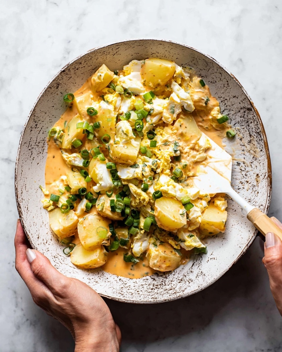 A white ceramic bowl with a worn pattern on the rim holds a mixture of chopped boiled eggs and yellow potato chunks. The ingredients are covered in a creamy, light orange sauce with a slightly thick texture. Scattered green onion pieces add bright green dots through the dish. One woman's hand holds the bowl steady on the left, while another woman's hand stirs the contents using a white spatula with a wooden handle. The bowl rests on a white marbled surface. photo taken with an iphone --ar 4:5 --v 7