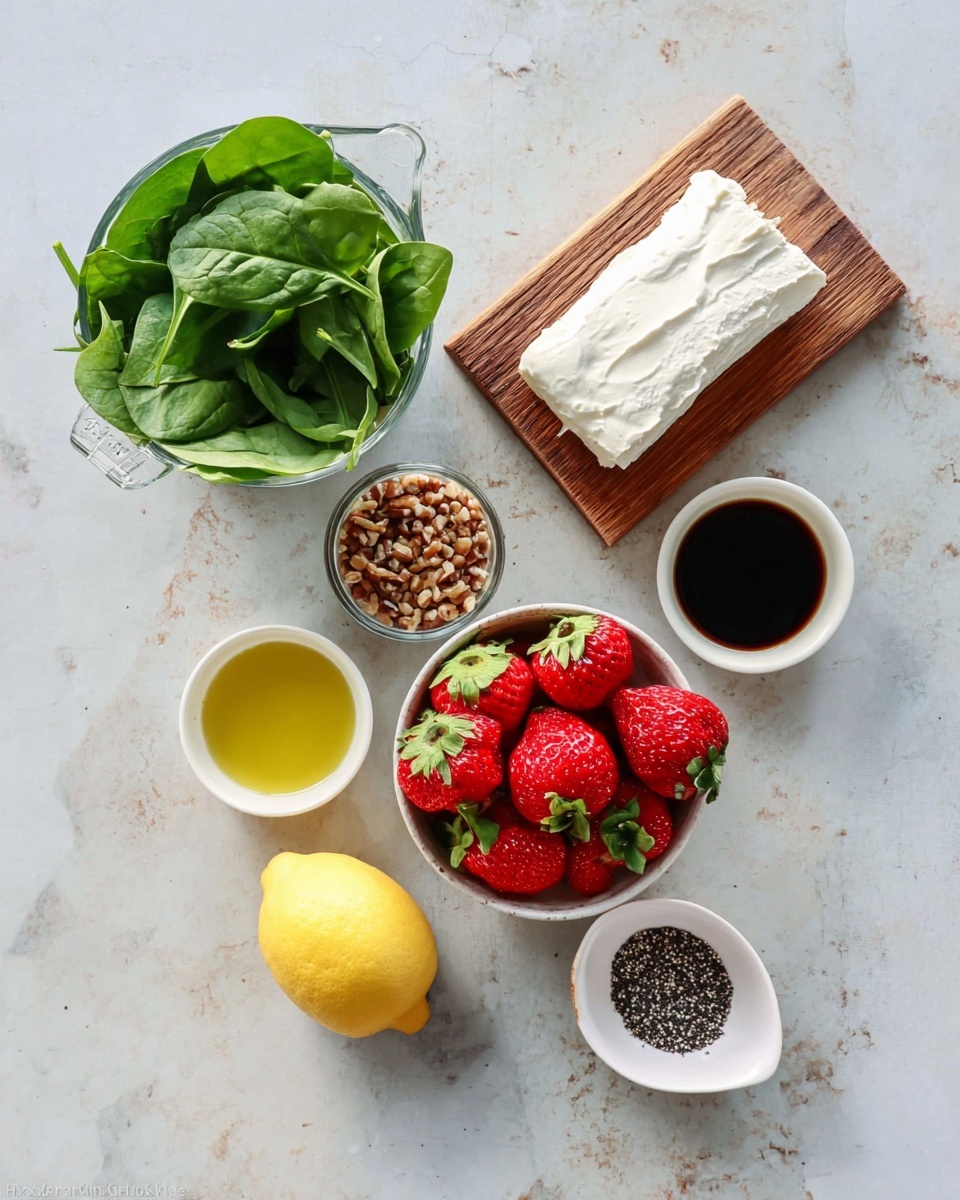 Strawberry Spinach Salad with Goat Cheese Recipe 4 A white marbled surface holds eight items arranged loosely in a square shape: at top left, a glass measuring cup filled with fresh green spinach leaves showing vein textures; top right, a wooden board with a dense white block of cream cheese placed near the center; to the left center, a small clear glass bowl packed with small brown chopped nuts; center right, a white bowl full of bright red strawberries with green leafy tops pointing outward; bottom left, a halved bright yellow lemon showing a smooth pale interior; bottom center left, a small white bowl with golden olive oil; bottom center right, a small white bowl containing dark balsamic vinegar; bottom right, a small white oval dish with black and white poppy seeds resting on it. The overall look is fresh and clean with distinct natural colors. photo taken with an iphone --ar 4:5 --v 7