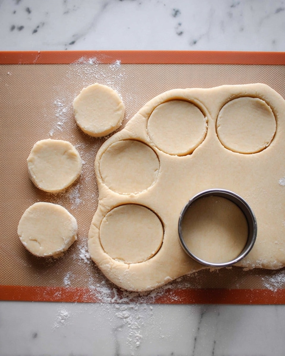 No-Spread Buttery Shortbread Cookies Recipe 4 The image shows a flat dough rolled out on a light brown silicone baking mat with a few round dough pieces cut out from it. There are five circle pieces of dough placed on the mat outside the main dough, and the dough itself has four circular holes. A round metal cutter is lying on the mat to the right side of the dough. The texture of the dough looks smooth and pale cream in color. There is some white flour sprinkled lightly around the dough on the mat. The background surface is a white marbled texture. Photo taken with an iphone --ar 4:5 --v 7