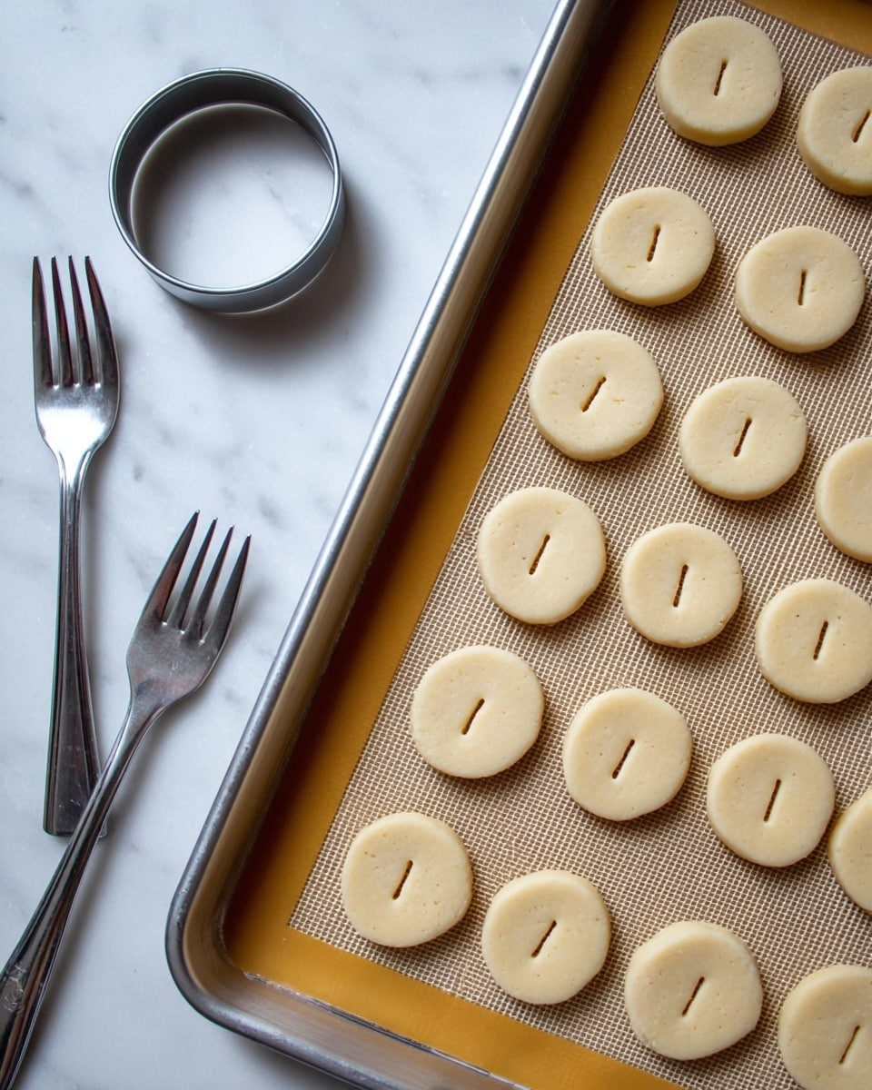 The image shows a silver baking tray filled with evenly spaced, round, light beige cookie dough pieces. Each dough piece has three small holes lined up vertically in the center. To the left of the tray, there is a silver fork and a round metal cookie cutter resting on a white marbled surface with a light brown silicone baking mat underneath. The overall scene is bright and clean, focusing on the neat arrangement of the dough pieces. photo taken with an iphone --ar 4:5 --v 7