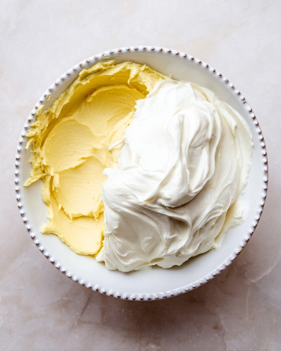 A white bowl with a beaded edge sits on a white marbled surface. Inside the bowl, there is a yellow thick mixture spread unevenly on one side, and on top of it, a large amount of smooth, white, creamy substance is piled on the other side, creating a clear two-layer contrast. The creamy layer looks soft and fluffy with gentle peaks and swirls. Photo taken with an iphone --ar 4:5 --v 7
