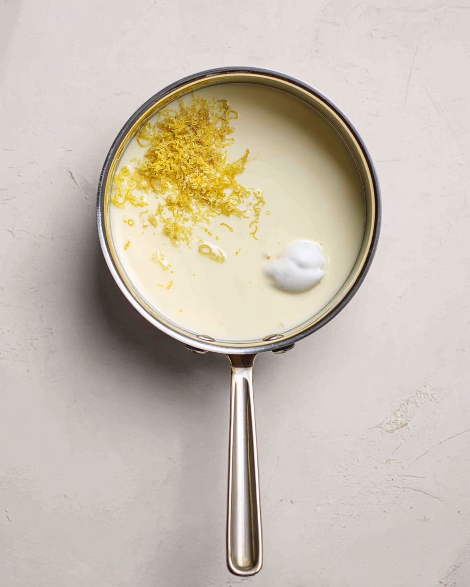 A top view of a small silver saucepan with a long handle resting on a white marbled surface. Inside the pan, there is a smooth, creamy liquid base filling most of the pan's bottom. On the right side, there is a small white dollop of a thicker creamy substance, and towards the left, there is a scattered pile of finely grated yellow zest. Photo taken with an iphone --ar 4:5 --v 7