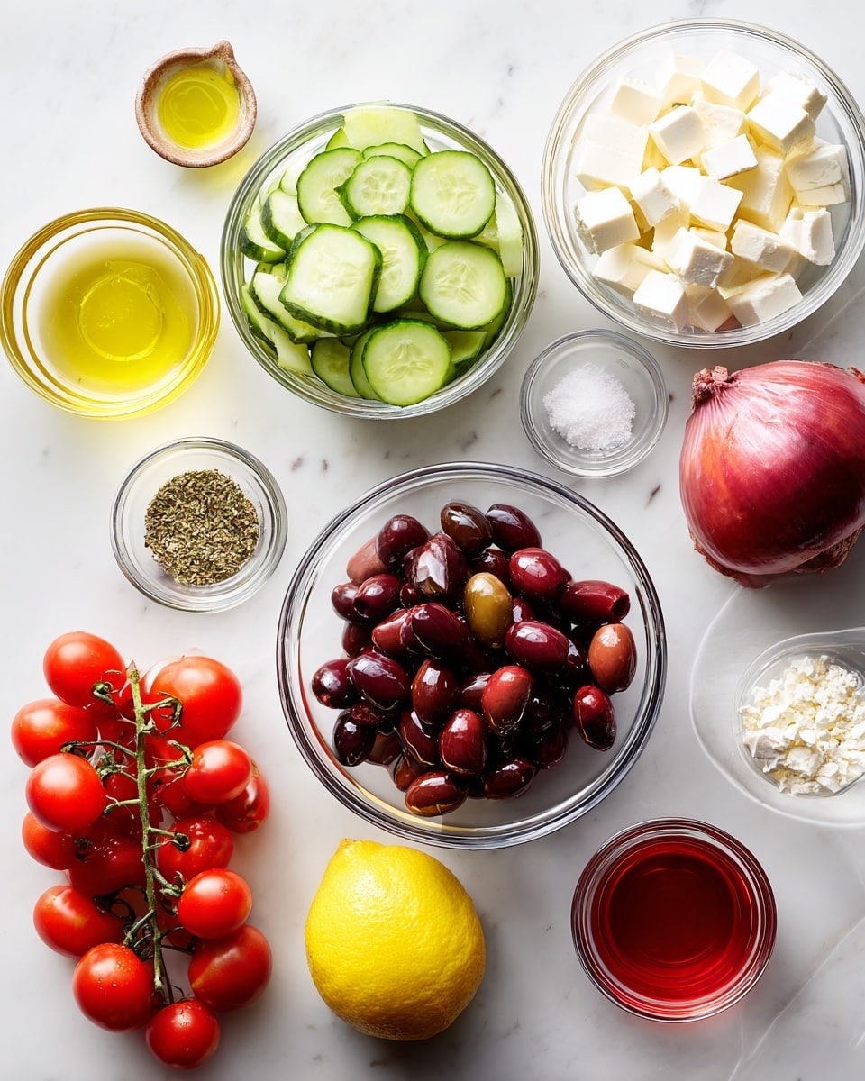 The image shows ingredients laid out on a white marbled surface. There is a clear glass bowl filled with sliced green cucumbers in the top center. To the right of it is another clear glass bowl with white cubed cheese. Below the cucumber bowl is a clear glass bowl filled with dark red and shiny olives. Around these bowls are small clear glass containers with white salt, mixed black pepper, and dried herbs. There are two bunches of bright red cherry tomatoes on the vine placed near the bottom left. A whole yellow lemon and a whole red onion sit close to the tomatoes. To the far left, there is a small clear container with golden olive oil. At the bottom right near the olives is a small cup filled with red liquid, likely vinegar. All ingredients are bright and fresh, neatly arranged in a clean, simple style photo taken with an iphone --ar 4:5 --v 7