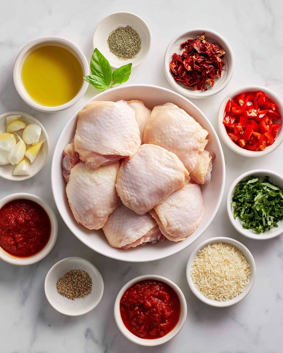 A large white bowl in the center holds six raw chicken thighs with pale pink skin arranged closely together. Surrounding this bowl are several smaller white bowls placed on a white marbled surface, each with a different ingredient: golden yellow olive oil, finely minced pale yellow garlic, bright green fresh basil leaves, chopped red bell pepper pieces, dark red sun-dried tomatoes, finely chopped dark green dried basil, light brown chicken broth, a mix of black and white pepper, thick red crushed tomato sauce, white salt crystals, light beige long grain rice, and chopped white onion. All items are neatly arranged in a circular pattern around the main bowl. Photo taken with an iphone --ar 4:5 --v 7