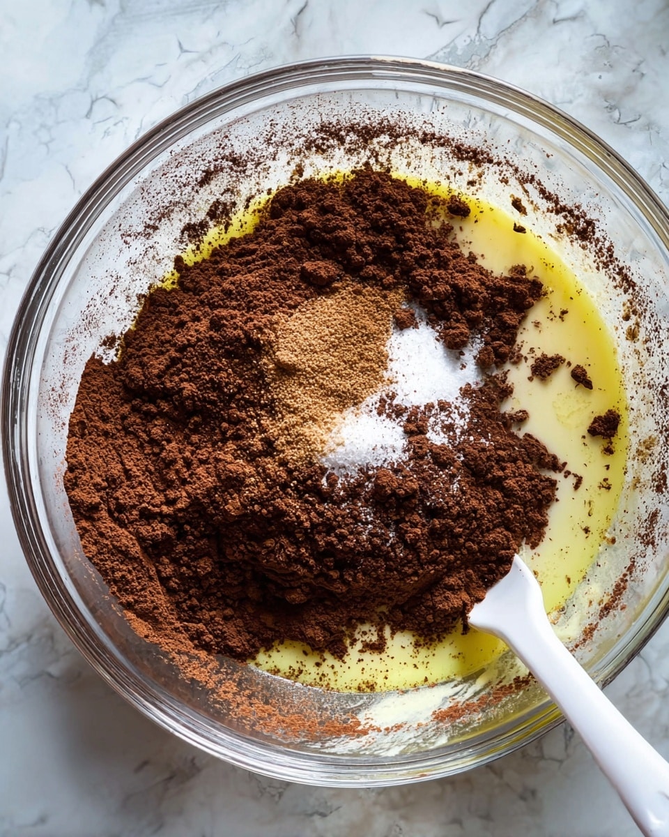 A clear glass bowl sits on a white marbled texture with various dry and wet ingredients waiting to be mixed. The bottom layer is a pale yellow liquid, which looks like melted butter or oil, spread unevenly. On top, there is a thick layer of dark brown cocoa powder that takes up most of the bowl's surface. In the center, a small pile of white salt and a light brown spice, possibly cinnamon or nutmeg, sit on the cocoa powder. A white spatula is resting inside the bowl, dusted with cocoa powder. The image is taken from above, showing the round glass bowl and the textures of the ingredients clearly. photo taken with an iphone --ar 4:5 --v 7