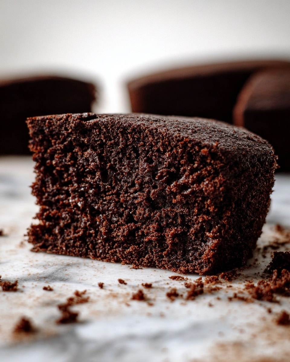 A single piece of dark brown chocolate cake sits on a white marbled surface, showing a soft and moist texture with visible crumbs scattered around the base and foreground. The cake piece is thick with a rough crumb top and sides, and a woman's hand is not visible but implied by the crumb placement. There are more pieces of the same cake blurred in the background. The light is soft, highlighting the cake's rich color and texture. Photo taken with an iphone --ar 4:5 --v 7