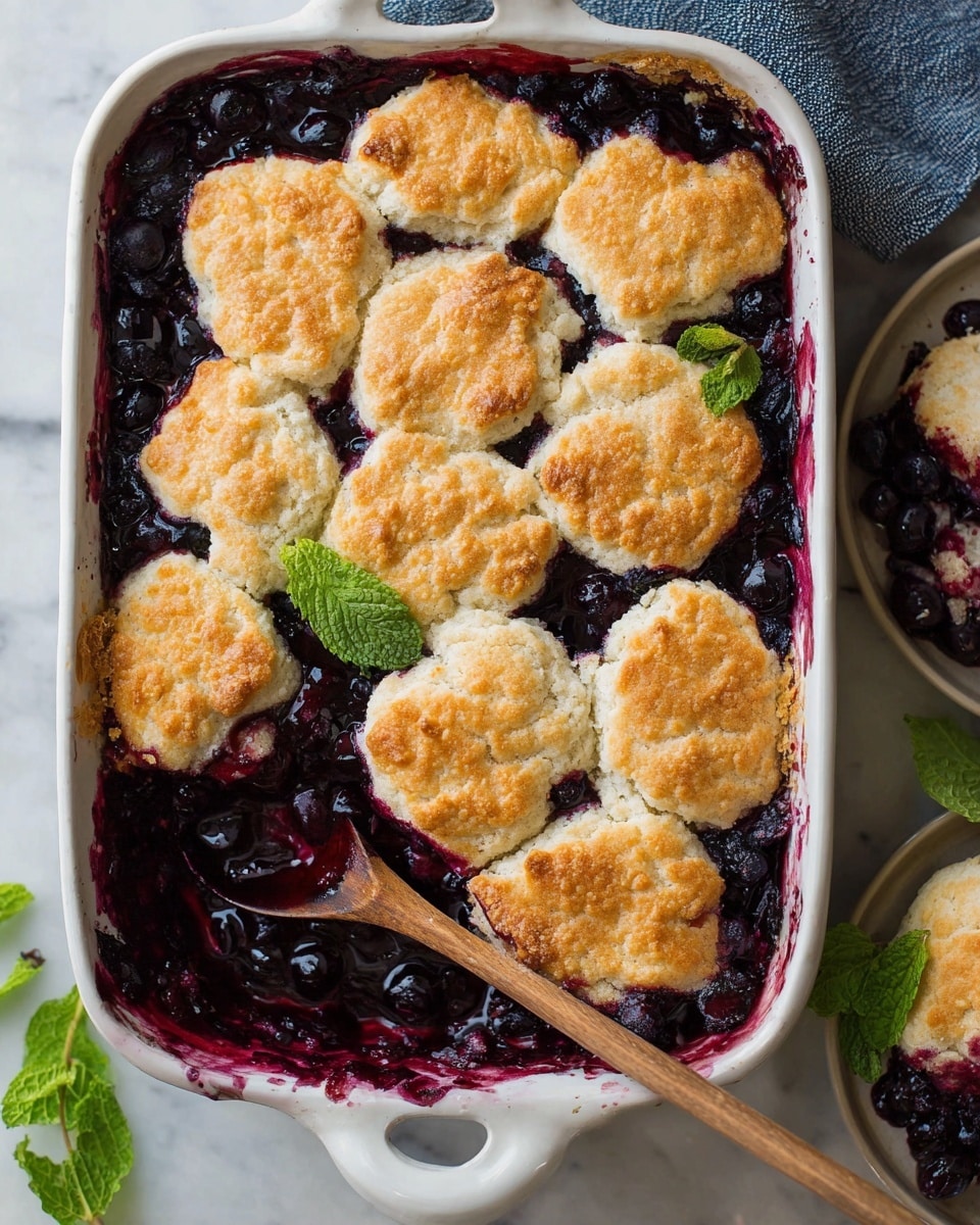 A white baking dish filled with a blueberry cobbler showing a thick layer of golden brown, slightly crunchy biscuit topping with a rough texture, arranged in uneven round shapes covering a deep purple, glossy, and juicy blueberry filling beneath. One corner of the cobbler is scooped out, revealing the dark, rich, syrupy blueberry layer with whole berries visible. The white dish sits on a white marbled surface, next to a wooden spoon and a plate holding a serving of the cobbler. Fresh green mint leaves are placed nearby. photo taken with an iphone --ar 4:5 --v 7