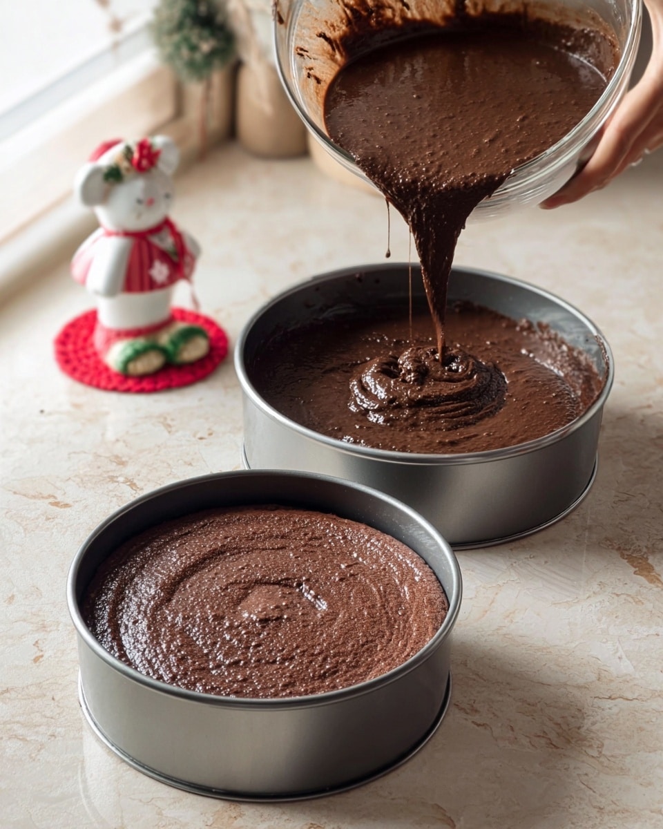 The image shows two round cake pans filled with thick, dark brown chocolate batter, one pan being filled as a woman's hand pours the batter from a glass bowl, and the other already full and set beside it; both pans sit on a white marbled surface with soft natural light casting gentle shadows, and a small white mouse figurine with a red dress and green flower stands in the background, adding a cute touch to the scene. photo taken with an iphone --ar 4:5 --v 7