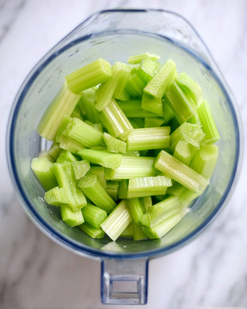 A clear blender container filled with bright green celery pieces that are cut into short, thick sticks. The celery shows a fresh and crisp texture with light and dark green variations, and the container is placed on a white marbled surface, giving a clean and fresh look. Photo taken with an iphone --ar 4:5 --v 7