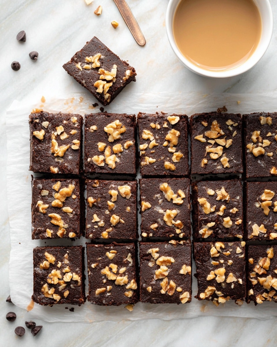 The image shows sixteen square-shaped brownie pieces arranged in a 4x4 grid on white parchment paper over a white marbled surface. Each brownie piece has a rich dark brown color and is topped with a scattered layer of chopped light brown walnuts. The brownies have a dense and slightly crumbly texture, with clean edges where they were sliced. To the top right is a white cup filled with light brown coffee, and at the bottom left, there are a few loose dark chocolate chips on the white marbled surface. photo taken with an iphone --ar 4:5 --v 7
