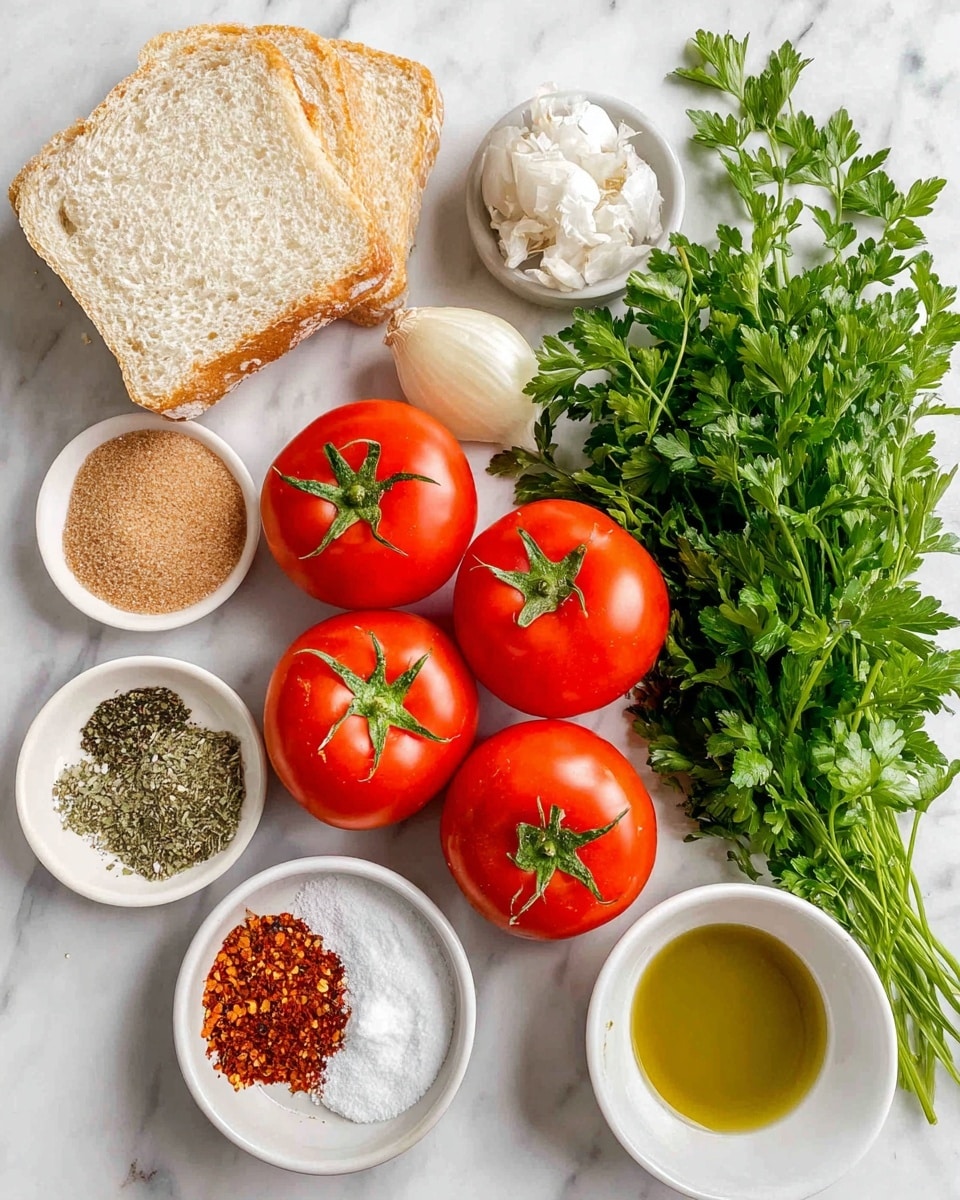 The image shows fresh ingredients laid out on a white marbled surface. There are vibrant red tomatoes on green stems placed near a bunch of bright green fresh parsley. Next to the tomatoes are small shallots and a whole garlic bulb. To the left, a small pile of light brown sugar sits near two slices of white bread. A small white bowl holds coarse white salt, and another white bowl contains mixed chili flakes and oregano. A white bowl with golden olive oil is also visible. All the items are arranged neatly and clearly labeled. photo taken with an iphone --ar 4:5 --v 7