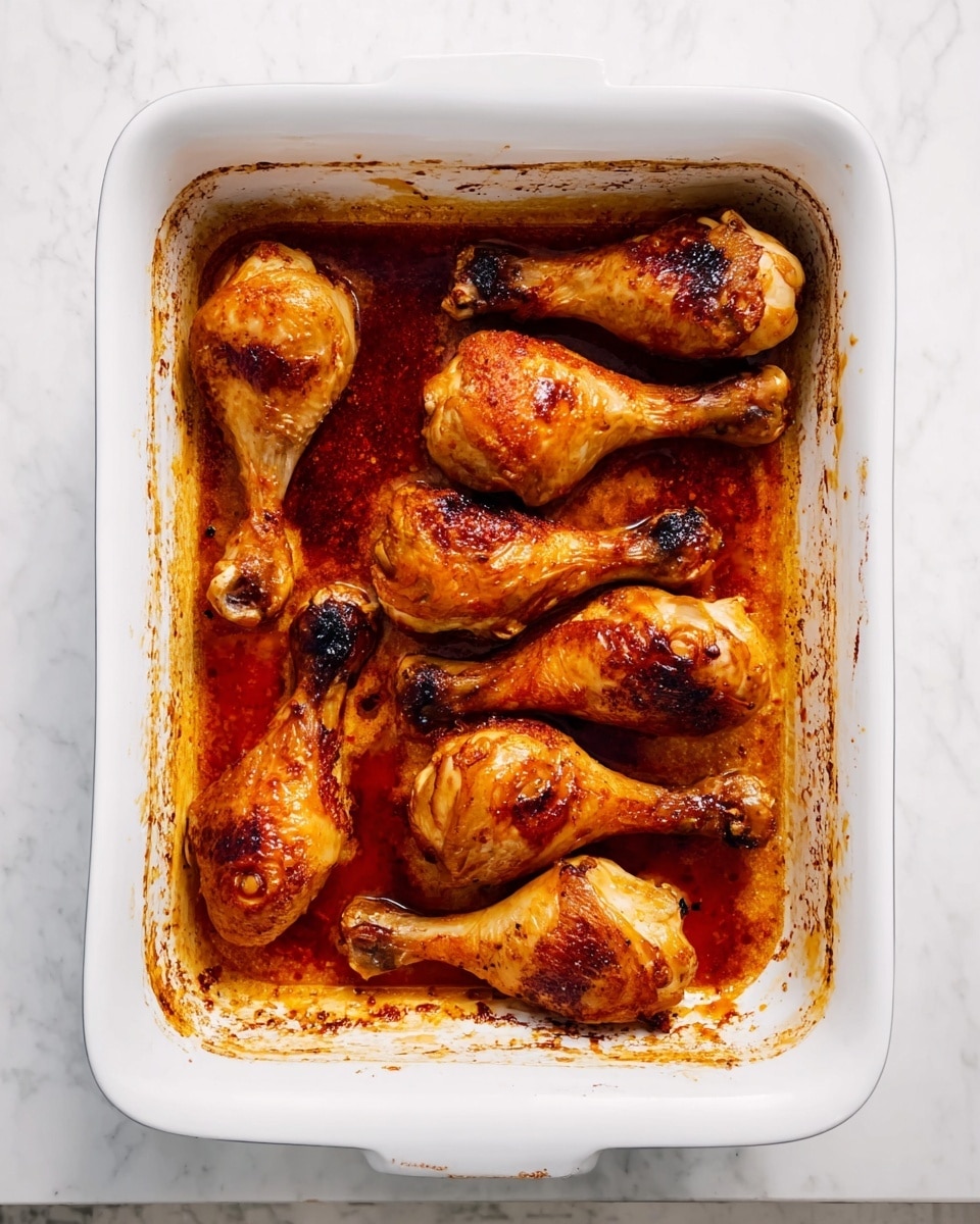 The image shows nine cooked chicken drumsticks arranged inside a white baking dish. Each drumstick has a golden-brown, slightly shiny skin with some darker caramelized spots, and they rest on a thin layer of thick, reddish-brown sauce that covers the bottom of the dish. The dish sits on a white marbled textured surface, and the edges of the baking dish show some crusted sauce marks. The drumsticks are evenly spaced in two rows, creating a neat and appetizing presentation. photo taken with an iphone --ar 4:5 --v 7