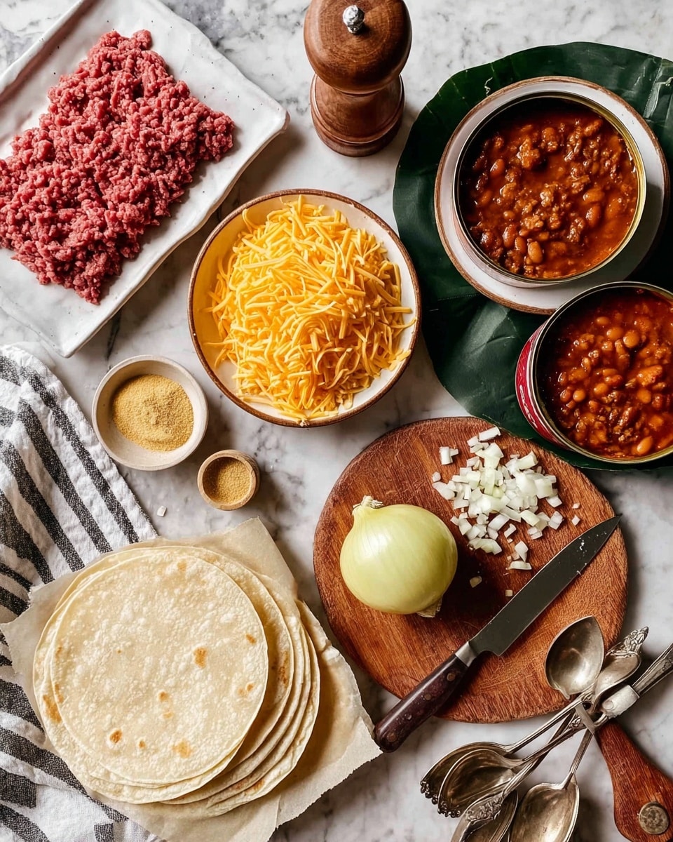 The image shows a top view of ingredients arranged on a white marbled surface. In the center, there is a wooden round cutting board with a whole yellow onion and chopped onion pieces scattered around it, along with a knife resting on the board. Above it, there are two open cans of chili with beans in a rich red sauce. To the left, a white bowl is filled with shredded orange cheese. Below that, there is a pile of flour tortillas stacked on a white plate. On the far left, a rectangular white plate holds raw ground beef placed on parchment paper. Below the plate, a small white bowl contains a light yellow powder spice. Two large metal spoons are positioned beside the bowl. At the top left corner, a wooden pepper grinder is partially visible. A white towel with black stripes is folded and placed near the bottom right corner. The overall color scheme is a mix of earthy browns, vibrant reds, yellows, and orange, with the bright white marbled surface enhancing the contrast. photo taken with an iphone --ar 4:5 --v 7