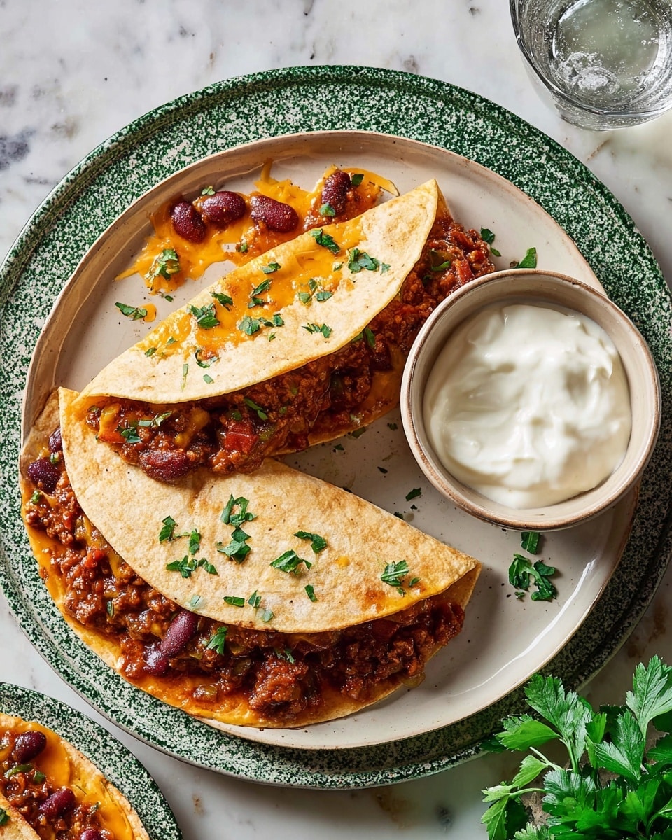 Two soft, light brown tortillas folded in half sit on a round white plate with a green speckled pattern. Inside each tortilla is a thick layer of rich, reddish-brown chili mixed with melted orange cheese, some dark red beans visible. The chili looks hearty and slightly chunky and is spilling out from the open ends of the tortillas. Small green parsley leaves are sprinkled on top and around the plate for color. Next to the tortillas, a small white bowl holds smooth, thick, white sour cream. The dish is placed on a white marbled surface with a glass of water and fresh parsley nearby. Photo taken with an iphone --ar 4:5 --v 7