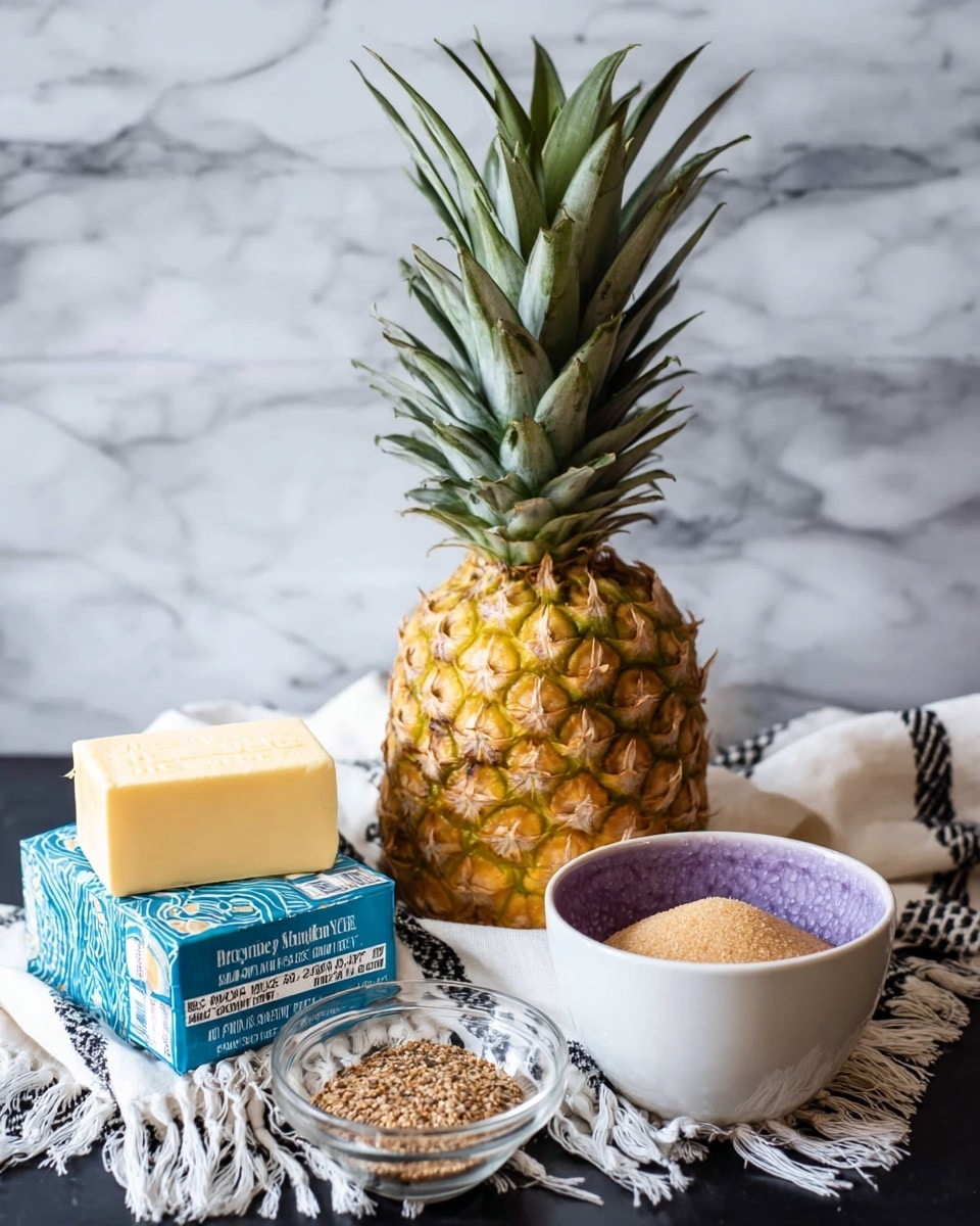 The image shows a fresh whole pineapple standing upright with its green spiky leaves on top and a textured yellow-green skin. To the left, there are two blocks of butter wrapped in blue and white paper stacked on top of each other. On the right side, there is a white bowl with purple inside and tiny purple dots on the outside, filled with light brown sugar. In the front center, there is a small clear glass bowl holding a mix of brown and white spices. The items are placed on a dark surface with a white marbled texture background, along with a white cloth that has black stripes and fringes. Photo taken with an iphone --ar 4:5 --v 7