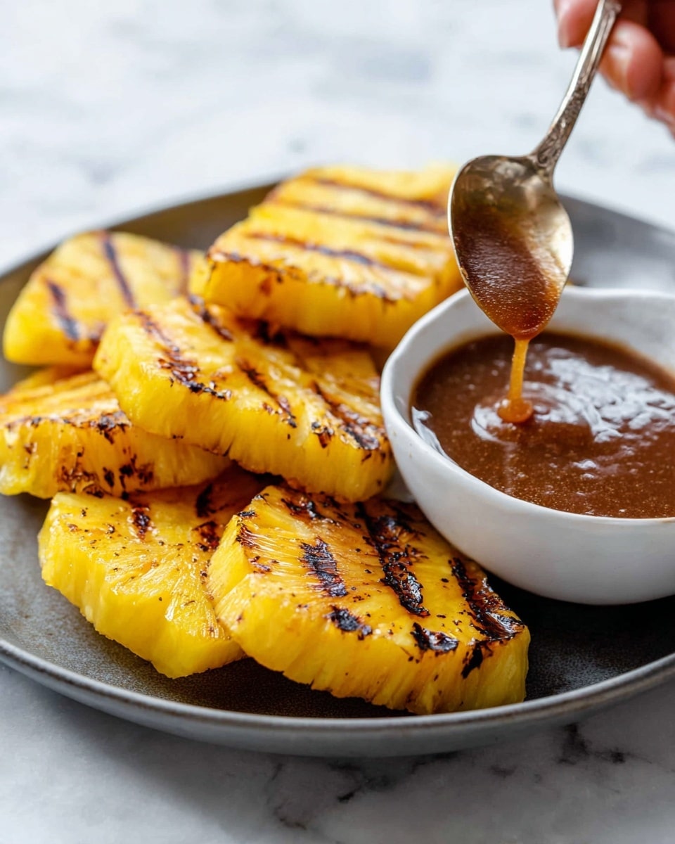 The image shows a close-up of several golden-yellow grilled pineapple slices arranged on a white plate, each piece with visible charred grill marks giving a textured dark brown pattern on the bright yellow fruit. A woman’s hand is holding a silver spoon above the pineapple, dripping a thick, shiny brown sauce onto the slices. Next to the pineapple, a small white bowl filled with more of the brown sauce is partially in view. The whole scene rests on a white marbled surface, creating a clean and fresh look. photo taken with an iphone --ar 4:5 --v 7