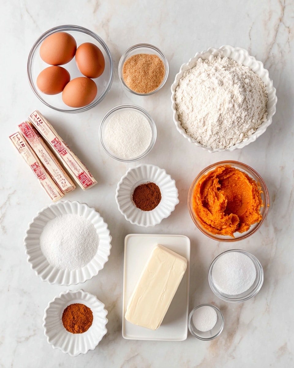 The image shows an overhead view of various baking ingredients neatly arranged on a white marbled surface. There are four brown eggs in a clear glass bowl on the left, with three sticks of butter beside them, each stick wrapped in paper with red markings. Above the eggs and butter is a small bowl of light brown sugar, and next to it, a large bowl filled with white flour. Towards the center, there's a small scalloped bowl with white powders like baking soda or salt, and another small white bowl containing a dark brown spice. To the right is a clear glass bowl of bright orange pumpkin puree. Below, a white rectangular plate holds a block of cream cheese. Around the center bottom, there is a small scalloped bowl with three ground spices in different shades of brown, a small bowl with light brown liquid (likely vanilla extract), a bowl filled with white granulated sugar, and a larger bowl full of white powdered sugar. photo taken with an iphone --ar 4:5 --v 7