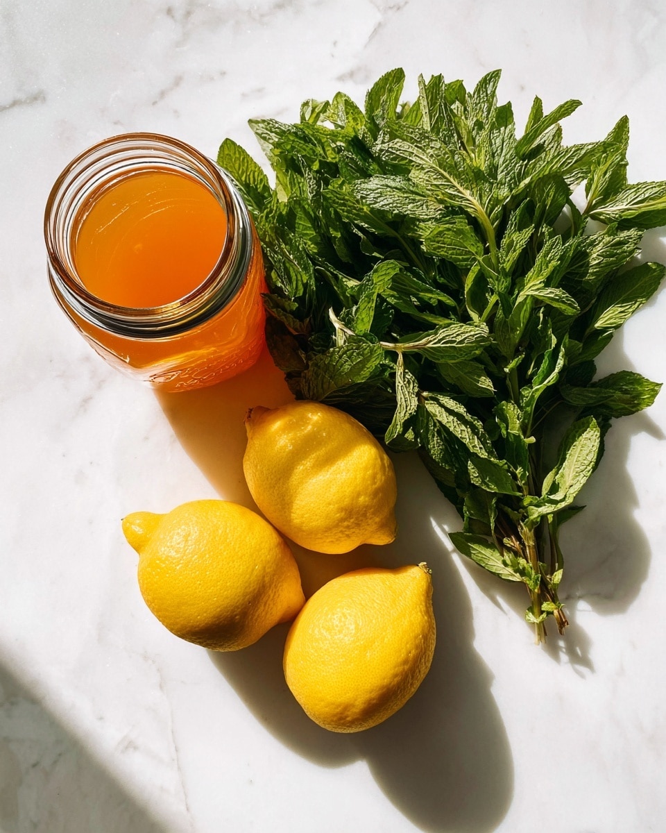The image shows a simple arrangement of ingredients on a white marbled surface. There are three bright yellow lemons placed near the bottom center, each with a slightly textured and shiny skin. Above the lemons is a bunch of fresh green mint leaves, dense and vibrant with various shades of green and a natural leafy texture. To the left of the mint is a glass jar with a silver lid, filled with an orange liquid that looks smooth and thick. The sunlight casts clear shadows from the mint and lemons, adding depth to the image. Photo taken with an iphone --ar 4:5 --v 7