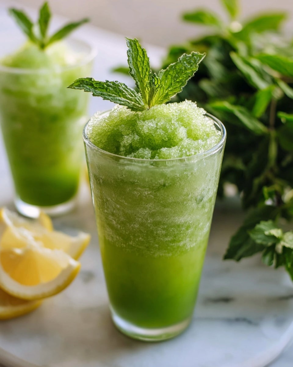 The image shows a tall clear glass filled with two main layers: the bottom layer is a smooth, bright green liquid and the top layer is a fluffy, icy, textured green slush sitting on the liquid. On top of the slush is a small sprig of fresh mint with three green leaves standing up. In the background, there is a second glass with the same drink, a bunch of fresh green mint leaves, and slices of lemon. All items are placed on a white marbled surface. Photo taken with an iphone --ar 4:5 --v 7