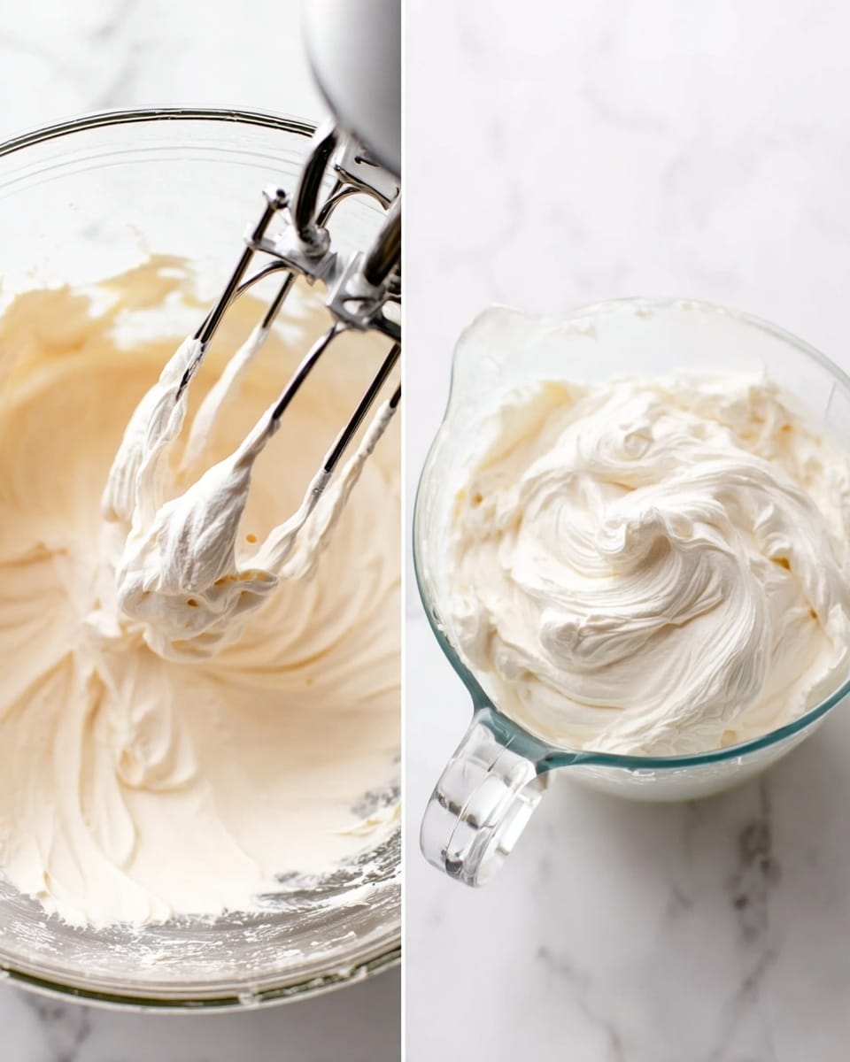 The image shows two close-up views of creamy whipped mixture. On the left side, the mixture is in a clear glass bowl with soft peaks, showing smooth, thick white cream being stirred by a mixer with two metal beaters attached. On the right side, the thick whipped cream is in a clear glass measuring cup with a handle, showing soft, fluffy texture and gentle swirl marks on top. The background is a white marbled surface. photo taken with an iphone --ar 4:5 --v 7