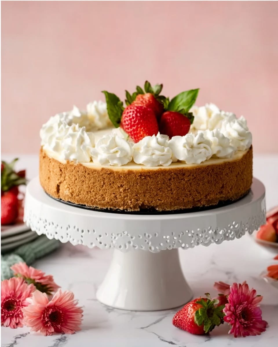 The image shows a cheesecake on a white cake stand with a frilled edge, set on a white marbled surface. The cheesecake has one thick layer of light brown crust around the sides. On top, there is a layer of smooth, creamy white filling. The top edge is decorated with swirls of white whipped cream evenly spaced around the circle. In the center, there are three bright red strawberries with green leaves, and a few green leaves behind them as garnish. Around the cake stand, there are more strawberries and small pink flowers placed on the white marbled surface. The background is soft pink. Photo taken with an iphone --ar 4:5 --v 7