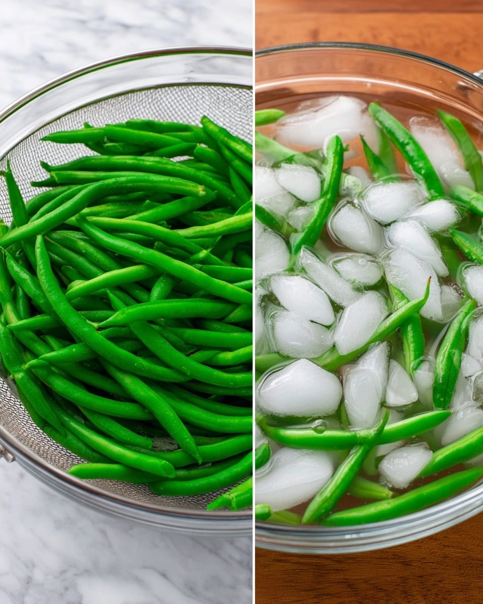 The image shows two side-by-side views of green beans; on the left side, a clear glass colander holds many fresh, bright green beans with a smooth texture, resting on a white marbled surface just partially visible below. On the right side, the same green beans are now in a clear glass bowl filled with water and lots of white ice cubes floating on the surface, with the beans partially submerged and visible through the water, set on the same white marbled surface. photo taken with an iphone --ar 4:5 --v 7