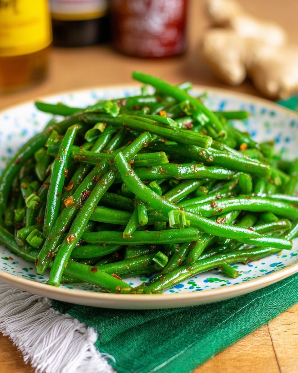 A close-up of a large pile of bright green beans covered with small bits of garlic and chili flakes, arranged in a neat heap on a white plate with blue and green speckles. The green beans have a shiny, slightly oily texture and are mixed with small green onion pieces scattered on top. The plate sits on a green cloth with white fringe, placed on a wooden surface, while the background shows blurred bottles and a piece of ginger. The overall scene is vibrant and fresh, with the green beans clearly the focus. Photo taken with an iphone --ar 4:5 --v 7